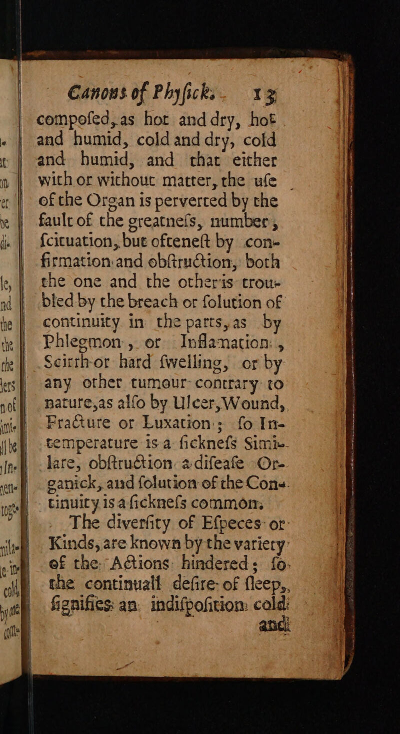 compofed,as hor anddry, hot and humid, cold and dry, cold and humid, and that either with or wichout matter, rhe ufe — of the Organ is perverted by the fault of the greatnefs, number , {cituation, but ofteneft by con- firmation and obftrution, both the one and the otheris trou- bled by the breach or folution of continuity in the partsyas by Phiegmon., or Inflamation: , Scirthor hard fwelling, or by any other tumour contrary to. nature,as alfo by Ulcer, Wound, Fracture or Luxation:; fo In- temperature is a ficknefs Simix- lare, obftruction: a difeafe Or- ganick, and folution of the Cons. tinuicy isa ficknefs common, The diverfity of Efpeces: or: Kinds, are known by the variety: ef the: Actions: hindered: fo. the continuall defire: of fleep,, fignifics: an. indifpofitiom cold | andi