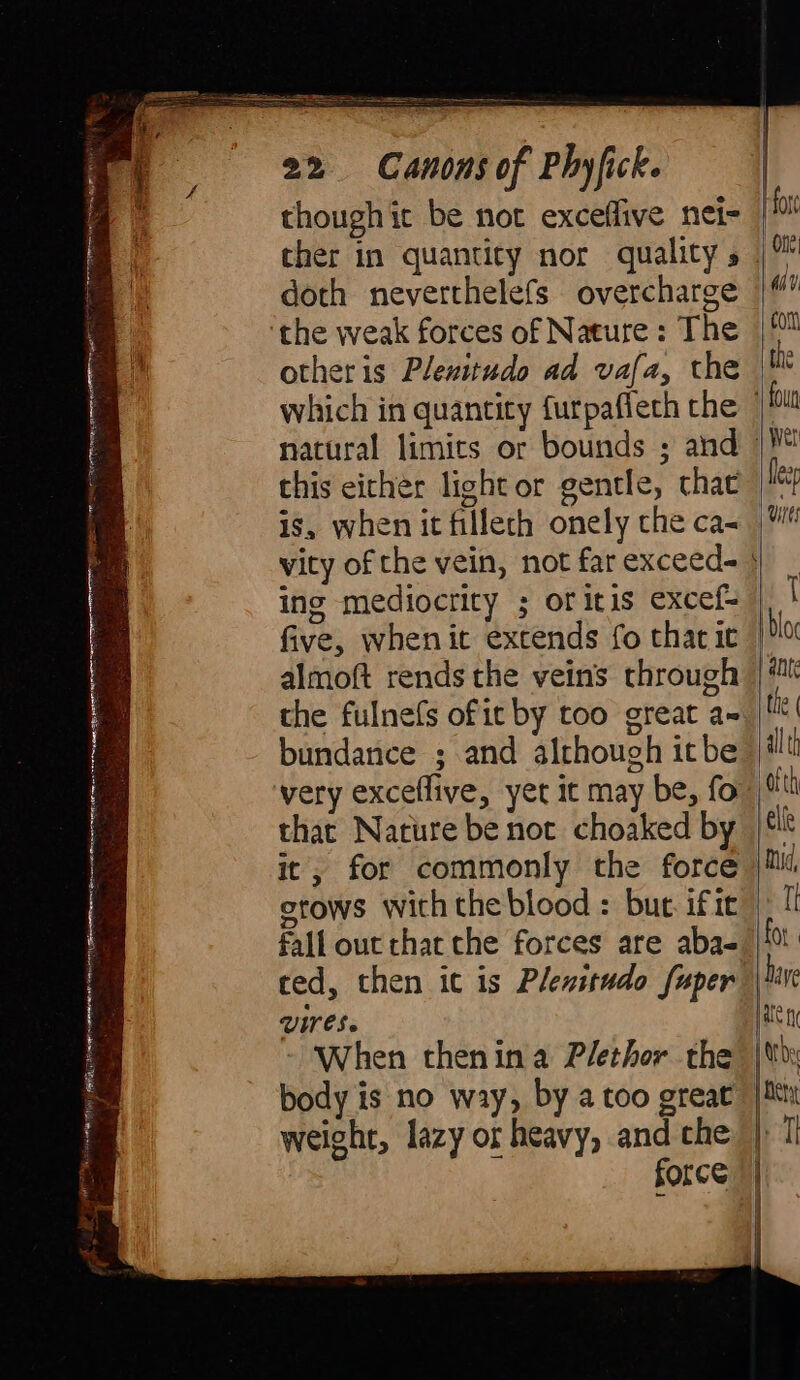 PSS RIN i My a ed FRI Twp ndaith a itean, tt Ea y ; - US 4 (OP erases a dhh ia nN RG Re ag eT REE I eh care i I re 22 Canons of Phyfick. though it be not exceffive nei- doth neverthelefs overcharge the weak forces of Nature: The other is Plenitudo ad vafa, the this either light or gentle, that is, when it fillech onely che ca- vity of the vein, not far exceed- ing mediocrity ; or itis excef- the fulnefs of it by too great a- bundance ; and although itbe very exceflive, yet it may be, fo stows with the blood : bur if tt fall out that che forces are aba- ced, then it is Plenitudo fuper VITES. - When then in a Plethor the
