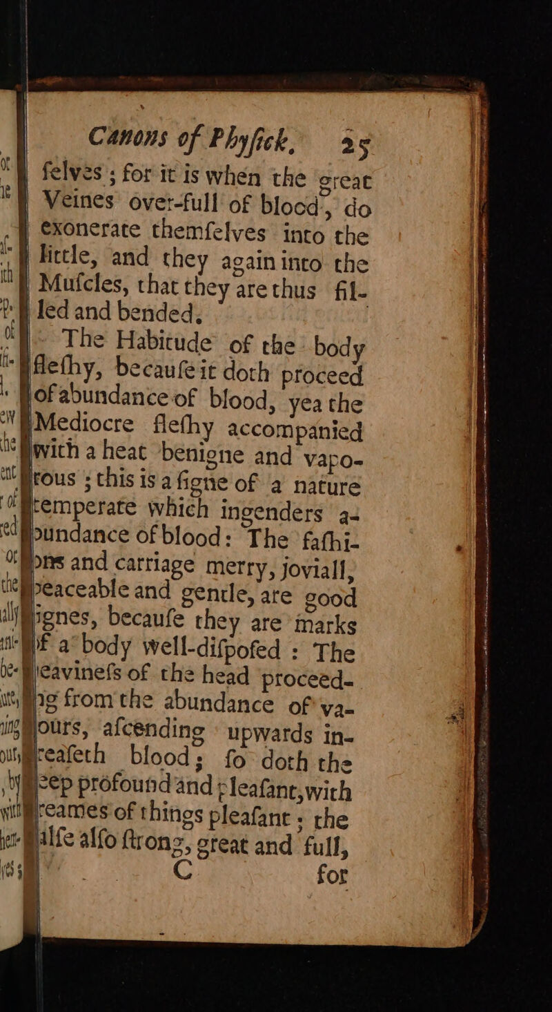 “BR felvess for it is when the great FW Veines over-full of blood » do | exonerate themfelves into the | | Hittle, and they again into the i | Mufcles, that they are thus fil- fl led and bended, ol. The Habitude of the body “RAethy, becaufèit doth proceed Hof abundance of blood, yea the Mediocre flefhy accompanied jovich a heat 'benigne and vapo- rous ; this is a fiene of a nature [temperate which ingenders a. pundance of blood: The fafhi- pons and carriage merry, joviall, peaceable and gentle, are good Hignes, becaufe they are marks if a‘ body well-difpofed : The ‘Ficavinefs of the head proceed- wag from'the abundance of ya. ing@ours, afcending ' upwards in- unjmreafeth blood; fo doth the Bl is profound and pleafant,with WM reames'of things pleafant ; the et Malte alfo ftronz, great and full, bh for 5 i i as nhac ras pea ara ae act Dice Tac Ar D n