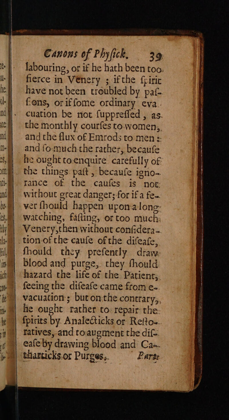 | | { | Canons of Phyfick, 39, labouring, or if he hath been too. fierce in V@nery ; ifthe feiric have not been troubled by pat fens, oriffome ordinary eva. cuation be not fuppreffed , as. the monthly courfes to-women,, and the flux of Emrods to men: and fo-much the rather, becaufe he ought toenquire. carefully of. the things paft , becaufe igno-. rance of the caufes is not: without greac danger; for if a fe— ver fhould happen upoma-long- watching, fafling, or too much: Venery,then without confidera- fhould they prefently draw. Blood and purge,. they fhould hazard the life of the Patient,. feeing the difeafe- came from e- vacuation; but onthe contrary,, he ought rather to. repair the. fpirits by. Analecticks or Reito-. fatives, and roaugment the dif