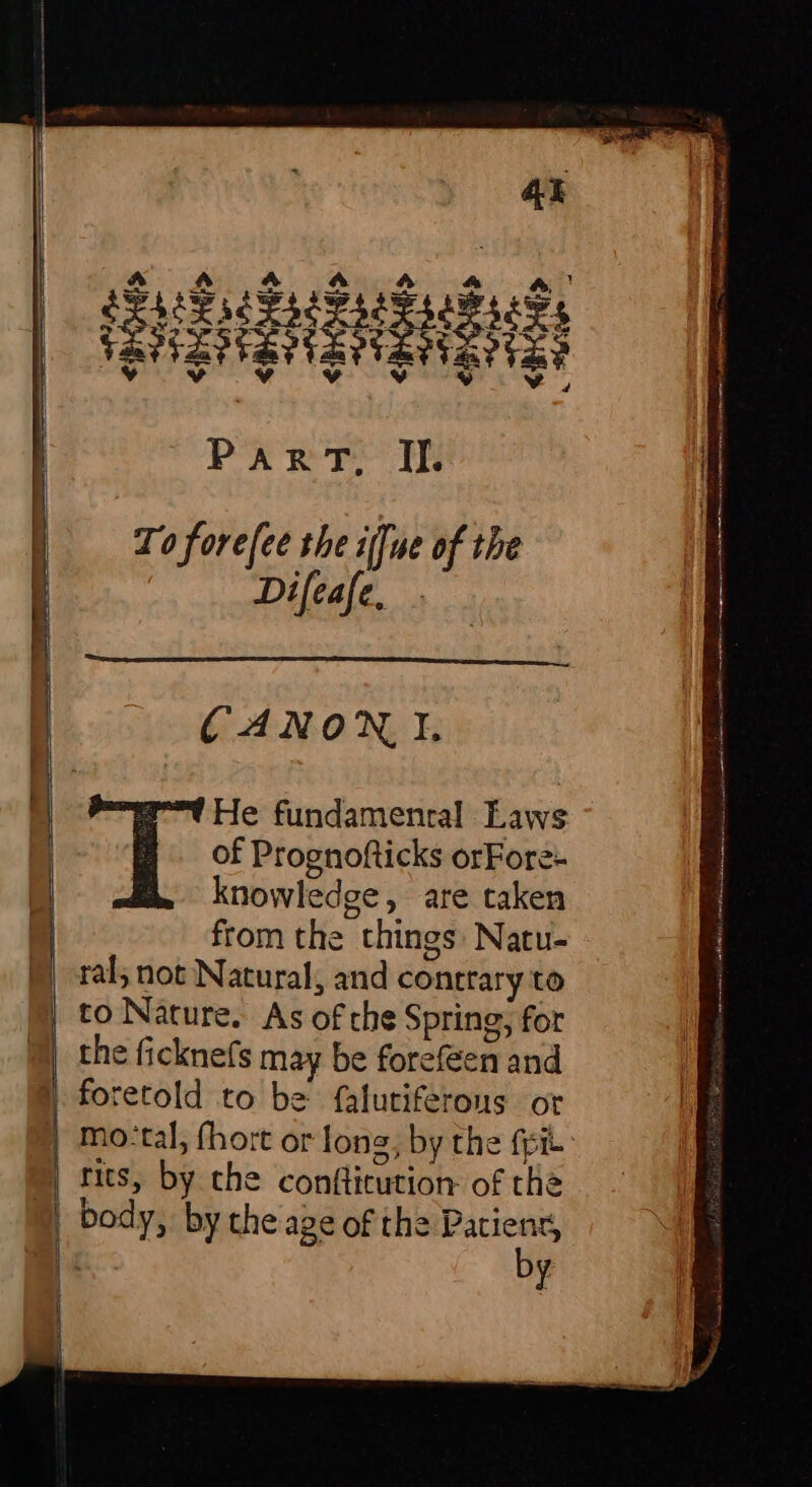 To forefee the iffue of the | Difeaf Ber hh CANON I. from the things Natu- ral; not Natural, and contrary to | to Nature. As of che Spring, for (1 the ficknefs may be foreféen and foretold to be falutiferous or | mo'tal, fhort or long, by the fpit | tics, by che confticution of che | body, by the age of the Patienr, by | re - ai = = = A od aie es figs See iia a iaat iiite rai Uan HHA Re! OSPR TT M AR iaaa Ah ao If rhe ch