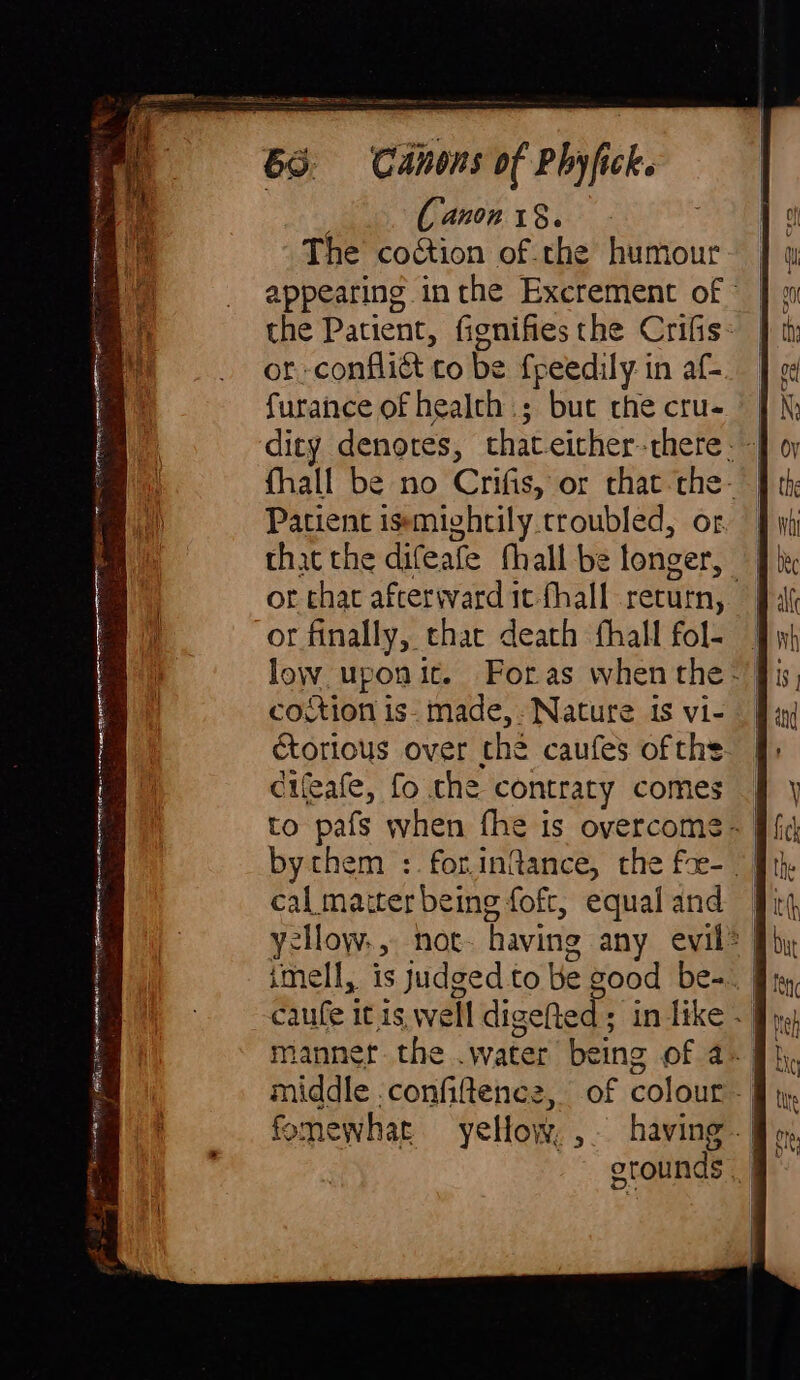 Se a Sa a OT eae cre AMIE Bee (anon 18. The coction of the humour the Patient, fignifies the Crifis: or conflict co be fpeedily in af- furance of health; but che cru- dity denotes, cthateicher-there- | fhall be no Crifis, or chat the- Patient isemighcily troubled, or that the difeafe fhall be longer, — or chat afterward ic fhall return, | or finally, that death fhall fol- coftion is. made, Nature is vi- étorious over the caufes ofthe cileafe, fo che contraty comes | to pafs when fhe is overcome - | bythem :.forin@ance, the foe- | cal matter being foft, equal and © y-llow., not. having any evil? | caufe it is well digefted ; in like - manner the .water being of 4- | middle -confifttence, of colour -| fomewhat yellow , having |