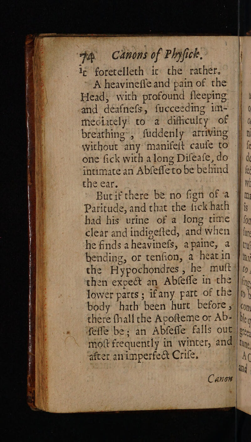 S gag i ane (4 My SEC Can — am ACH — Teena amain tta gaa ura cheaiin A cea rr aen AS DUN _ ae ee oe N i SEAT IHA il N IAN DL I ES fet nee BE LEE A D de N le foretelleth ic: the rather. | A heavineffe and pain of the Head, wich profound fleeping theciicely: to’ a difficulcy of breathing”, fuddenly arriving without any manife{t caule to one fick with along Difeafe, do ‘intimate an Abfeffeto be behind the ear. Burif there be no fign of a Paritude, and that the fick hach clear and indigefted, and when bending, or tenfion, a heat in lower parts ; ifany part of the body hath been hurt before, de ffe be 3 after animperfe&A Crife, Canoe
