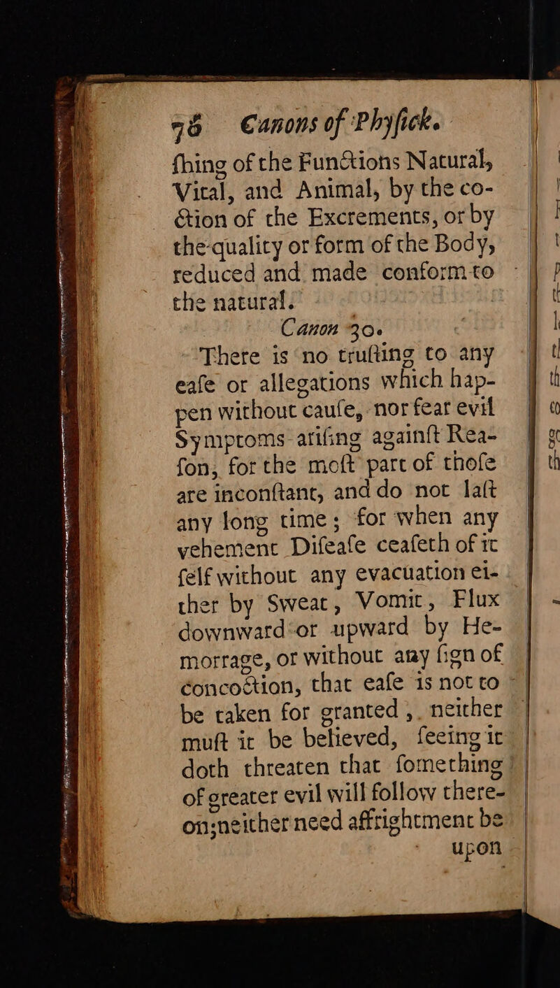 aM Na tT I ea cà ora Nes FRI arn meter ta aa Be ons en a Ae a LAIL THELA LLL IALL. EOI EA 95 Canons of Phyfick. Gion of the Excrements, or by the-quality or form of the Body, reduced and made conformto the natural. Canon 30. There is no trufting to any eafe or allegations which hap- pen without caufe, nor fear evil Symproms arifing again{t Rea- fon, for the moft part of thofe are inconftant, and do not laft any long time; ‘for when any vehement Difeafe ceafeth of it felf without any evacuation ei- ther by Sweat, Vomit, Flux downward or upward by He- morrage, or without ary fign of be taken for granted ,. neither muft it be believed, feeing it doth threaten that fomething of greater evil will follow there- on neither need affrightment be upon