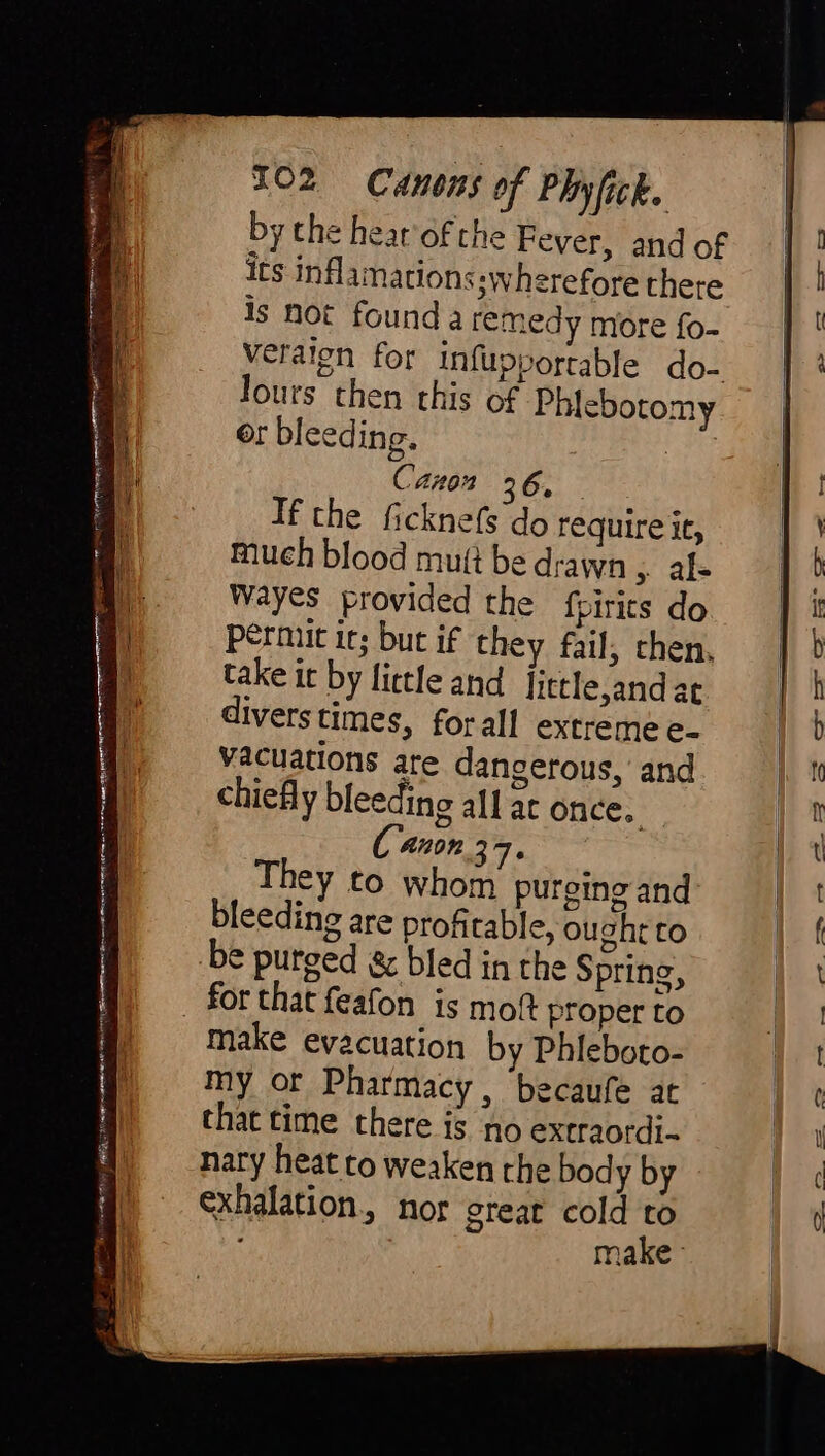 by the heat ofthe Fever, and of its inflamations :wherefore there Is not found a remedy more fo- | Vetaign for infupporrable do- ; 3 lours then this of Phlebotomy a or bleeding. 50 a Canon 36, If the ficknefs do require it, | much blood mutt be drawn ,. als D a. Wayes provided the fpirits do I! n permut its but if they fail, chen, b Lh take it by little and Iittle,and ac | h Z' lvers times, forall extreme e- [b 1 vacuations are dangerous, and f n i chiefly bleeding all at once. i C'anon 37. Mt | They to whom pureingand | 1 bleeding are profitable, ought to a i be purged &amp; bled in the Spring, yt | — forthat feafon is mot proper to i iy make evacuation by Phleboto- At D myor Pharmacy , becaufe at la H that time there is no extraordi- 7 nary heat to weaken the body by fc M. — exhalation, nor great cold to i af : make | a