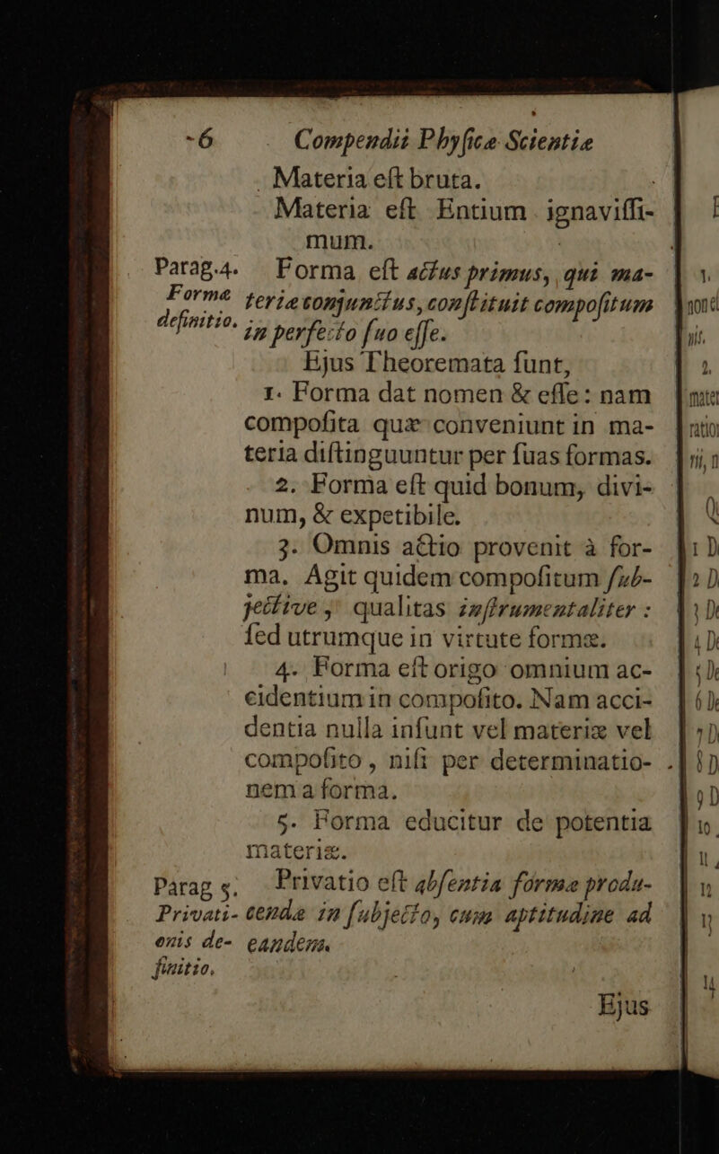 -6 Patag.4. Forme definiti 0. Parag s. Privati- enis de- fieitio, Compendii Pby(ice Scientie . Mlateria eít bruta. | Materia eft. Entium | ignaviffi- mum. | Forma eft acfus primus, qui. ma- ferietonuncius,con[Lituit compofitum ig perfe:to fuo effe. Ejus Theoremata funt, 1. Forma dat nomen &amp; effe: nam compofita qua conveniunt in ma- teria diftinguuntur per fuas formas. 2. Forma eft quid bonum, divi- num, &amp; expetibile. ;j. Omnis a&amp;tio provenit à for- ma. Agit quidem compofitum /z5- jeifive ' qualitas zzffrumentaliter : 4- Forma eft origo omnium ac- cidentium in compofito. Nam acci- dentia nulla infunt vel materix vel compofito , nifi per determinatio- . nem a forma. 5. Forma educitur de potentia materiz. Privatio eft abfeztia fórme proda- cenda in [ubjetio, cusa. aptitudine ad eAnden Ejus