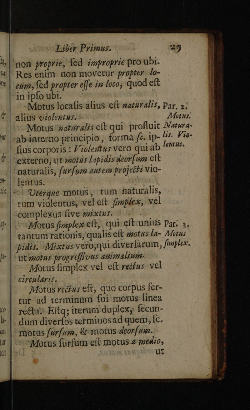 non proprie, fed improprie pro ubi. | Res enim: non movetur propter lo- eum, fed propter e[fe in loco, quod eft inipfoubt. — - : — «Motus localis alius eft sa£4r4l/5, Par, 2; | alius oioleztus. Motus. c? Mpotus zaturalis eft qui. profuit Narara- ab interno principio , forma fc. ip- /. Pe fius corporis : /ioleztus vero quiab Hentus, externo; ut »»otüs Lapidis deor[wn eit || naturalis, furfuze autem projecti vio- | lentus. | vt Uterque motus, tum naturalis, ' tum violentus, vel eft fjmpdex, vel | complexus five mixtus. Motus fizsplex eit, qui eft unius Par; 5, | tantum rationis, qualiseft motus Ja- Aotus | 'pidis. €Mixtus vero;qui diverfarum, fimplex. | ut vzotus progreffruus apimaltum. Motus fimplex vel eft refus vel circularis. Motus rectus eft, quo corpus fer- tur ad terminum fui motus linea | re&amp;taz Eftq; iterum duplex; fecun- -|. dum diverfos terminosad quem, Íc. | motas furfum, &amp; motus deorf ua. | Motus furfum eft motusz paedio; PM d | wovon ur