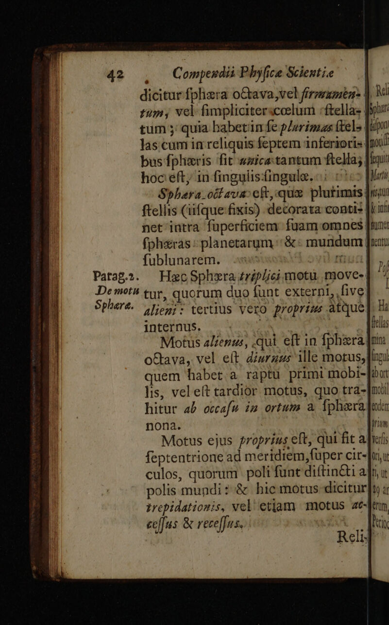 Patag.?. dicitur fphara oCtava,vel firmumea- | tum, vel fimpliciterscoelum :ftellas | tum 5; quia habetin fe plerimas (tels. jx las cum in reliquis feptem inferioris. bus fphzris fit szica:tantum ftella; hoc eft; in fingulistingule.-: Sphaera. oif ava: eft, qua pl ftellis (iifque fixis) decorata contis net intra fuperficiem: fuam omnes [nna fphsras : planetarum | &amp; « muridum [ra fublunarem. Y rut Hac Sphzra triplici motu. move- Sphere. aliemi: tertius vero proprims atque]. Bi internus. — «78. | dicas Motus alienus, .qui eft in fphara [nu o&amp;ava, vel eft. diurgus ile motus; fini quem habet.a raptü primi mobi-fiot lis, vel eít tardior motus, quo tra- hitur ab occafu im ortum a lphara|uis nona. ' jrum