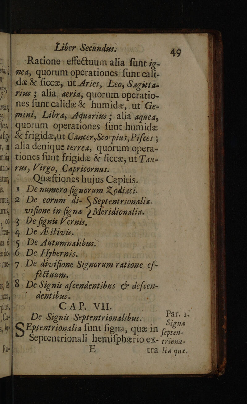 |. Ratione: effe&amp;uum alia funt zz- !j| 2e4, quorum operationes: funt cali- | dx &amp; ficce, ut 4ries, Leo, S'agMta- | Zius 5 alia, aeria, quorum operatio- nes funt calidz &amp; humide, ut'Ge- nini, Libra, Aquarius ; alia AQuea, je quorum operationes funt humide ip | &amp; frigidaut G Ancer Scorpius, Pifces ; ; 4| alia denique errea, quorum opera- à) tioncs funt frigide &amp; ficce, ut Taa- tn«| x25, P'ireo, Capricornus. 4^ Qusfüones hujus Capitis. (X Dezumero fizmorum Zodiaci. |2 De eorum di- SSeptentrionalia. 106. De Fiybernis. me|7. De divifione Siguorum ratione cf- Lo Wfétfuum. |8. De Signis a[cendentibus e de[cen- bo dentibus. CAP, VIT. | | De Szguis Septentrionalibus. Sivna Q Eptentrionalia funt figna, quz in feptent | *7 Septentrionali hemifphzrio ex- ;;;oza- H tra la que. Pat. 1.