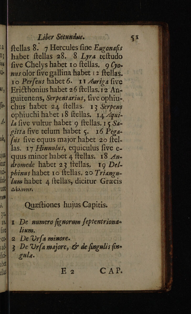 | flellas 8. 7 Hercules fine Eugonafis k | habet ftellas 28...8 Lyra teftudo u| | five Chelys habet 1o ftellas.. 9 Cyo- i| zusolor five gallina habet :2 ftellas. | 10 Perfeus habet 6. 11 4uriea five Ü | | Ericthonius habet 26 ftellas. i2 An- |-| chus habet 24 ftellas. 13 Serpens - Pee habet 18 ftellas. 14 24gu;- | /a five vultur habet 9 ftellas. 1 5 Sa- 35 five telum habet 5. 16 Pega- fis ive equus major habet 20 ftel. las. 17 Hinnulus, equiculus five e- jul | quus minor habet 4 ftellas, 18 /47- uj | dromede habet 23 ttellas, 19 De/- ic] phinus habet 1o ftellas, 20. TrZangu- id | uus habet 4 [telis dicitur. Grzcis uni ASA TUR. hl Quz'ítiones hujus Capitis. i z De mumero figmorum feptentriona- fie liu. d4 2 De'Urfa nimore. i 3 De 'Ur(a majore, € de fingulis (in- jo ^ guis. ) | m CAP. | E 2 prom q« 2 E au i-e eil ie a e m e ca te M n 5 ———À dev —