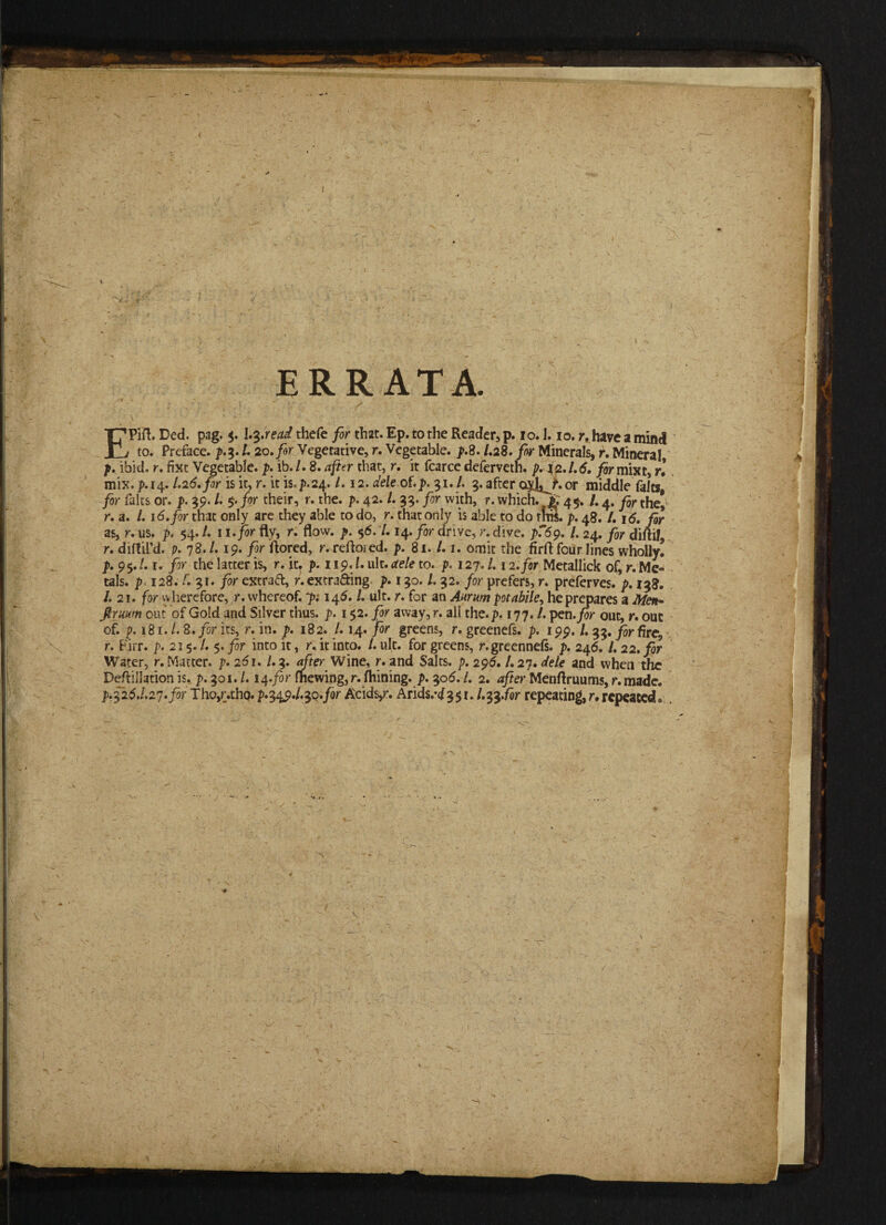 ERRATA. ■ * ' . v- *\ „ 1 >.; / , ■ i. . - • • *• ' ■«> ■ ■ * . >h, . . > i r ' : . . , ' ; • _ . - \ ‘ ‘ '■ . *■ «> • *» ‘ • ' ‘yf ' EPift, Ded. pag. $. l.$.read thefe for that. Ep. to the Reader, p. io. J. io. r, have a mind to. Preface. p.$. /. 20. fir Vegetative, r. Vegetable, p.2. I.28. for Minerals, r. Mineral, p. ibid, r. fixe Vegetable, p. ib. /. 8. after that, r. it fcarce defervetn. p. 12.1.6. fir mixt, r. mix. p. 14. L26. fir is it, r. it is.£.24. /. 12. dele of.p. 31. /. 3. after or middle (alts, /or falts or. p. 39. /. $. /or their, r. the. p. 42. /. 33. /or with, r. which. £4$. /. 4. fir the, r. a. /. 1 d./or that only are they able to do, r. that only is able to do tfm. p. 48. /. j<5. fir as, r. us. p. $4. /. 11. fir fly, r. flow. $6. /. 14. for drive, r. dive. /C59. /. 24. fir diftif, r. diffil’d. p. 78./. 19. /or ftored, r.reftosed. 8i. /. 1. omit the firfl four lines wholly. p. 95./. 1. fir the latter is, r. ity />. 119. I. ult.de/e to. p. 127. /. 12. fir Metallick of, r. Me¬ tals. p 128. f. 31. fir extraft, r.extra&ing p. 130. /. 32. /or prefers, r. preserves. />. 138. /. 21. for wherefore, r. whereof. p>; 14d.1. ult. r. for an Aurum potabile, he prepares a J/e*. firmtt out of Gold and Silver thus. p. 1 $2. fir away,r. all the.p. 177. /. pen./or out, r. out of. p. 181.1.2. for its, r. in. /. 182. /. 14. /or greens, r. greenefs. p. 199. /. 33. /or fire5 r. Firr. p. 215./. $. fir into it, r. it into. /.ult. for greens, r.greenneft. p. 246. /. 22./or Water, r. Matter, p. 261. 7.3. 4/ier Wine, r. and Salts, p. 296. 1.2]. dele and when the DeftilJation is. p. 301. /. 14.fr mewing, r.fhining. />. 306. /. 2. 4/rer Menftruums, r. made. p.f26.1.2’].fir Tho,r.tho. p.^d.^o.fir Acids/. Arids.\f 351.l.^.for repeating,r.repeated* t ✓ / •’/■