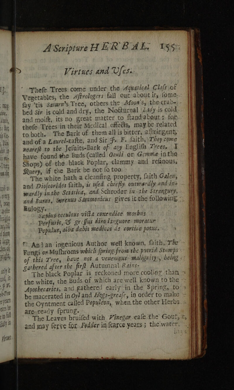 Virtues and VUfes. nefe Trees come under the 4quatical Clafs of Tegetables, the &lt;/frologers fall out about it, fome fay tis Saturn’s Tree, others the Jfooa’s, the crab- bed Sir is cold and dry, the Noéturnal |Z4dy is cold and moift, its no great matter to ftandabouts. for thefe Trees'in their Medical effeéis, may be related to both. The Bark of them all is bitter, altuingent, andofa Laurel-tafte, and Sir f.. F. faith; They come neareft to the Jetuits-Bark of azy Englifa Trees, Shops) of ‘the black Poplar, clammy. and refinous, Query, if the Bark be not fo too The white hath a cleanfing property, faith Galez, and Diofeorides faith, i ufed chiefly outwardly and ins wardly inthe Sciatica, and. Schroder in the Strangury, and Burns, Serenus Sammonicus gives it the following Rulogy. Sapius occultus vila coxendice morbus Perfirit, © grefus diralanguore: moratur Populus, aiba dabit medicos de cortice pots. F) Anjan ingenious Author well known, faith, Te Fungi on Muafhroms which {pring from the pstvid Stamps gathered after the firff Autumnal Rains- The black Poplar is reckoned more cooling than Apothecaries, anc gathered early in the Spring, to be macerated in Oy! and Aegs-grea/e, in order to make the Oyntment called Populeon, when.the other Herbs are-ready fprung. and may ferve for Fodder in {earce years; the-water,