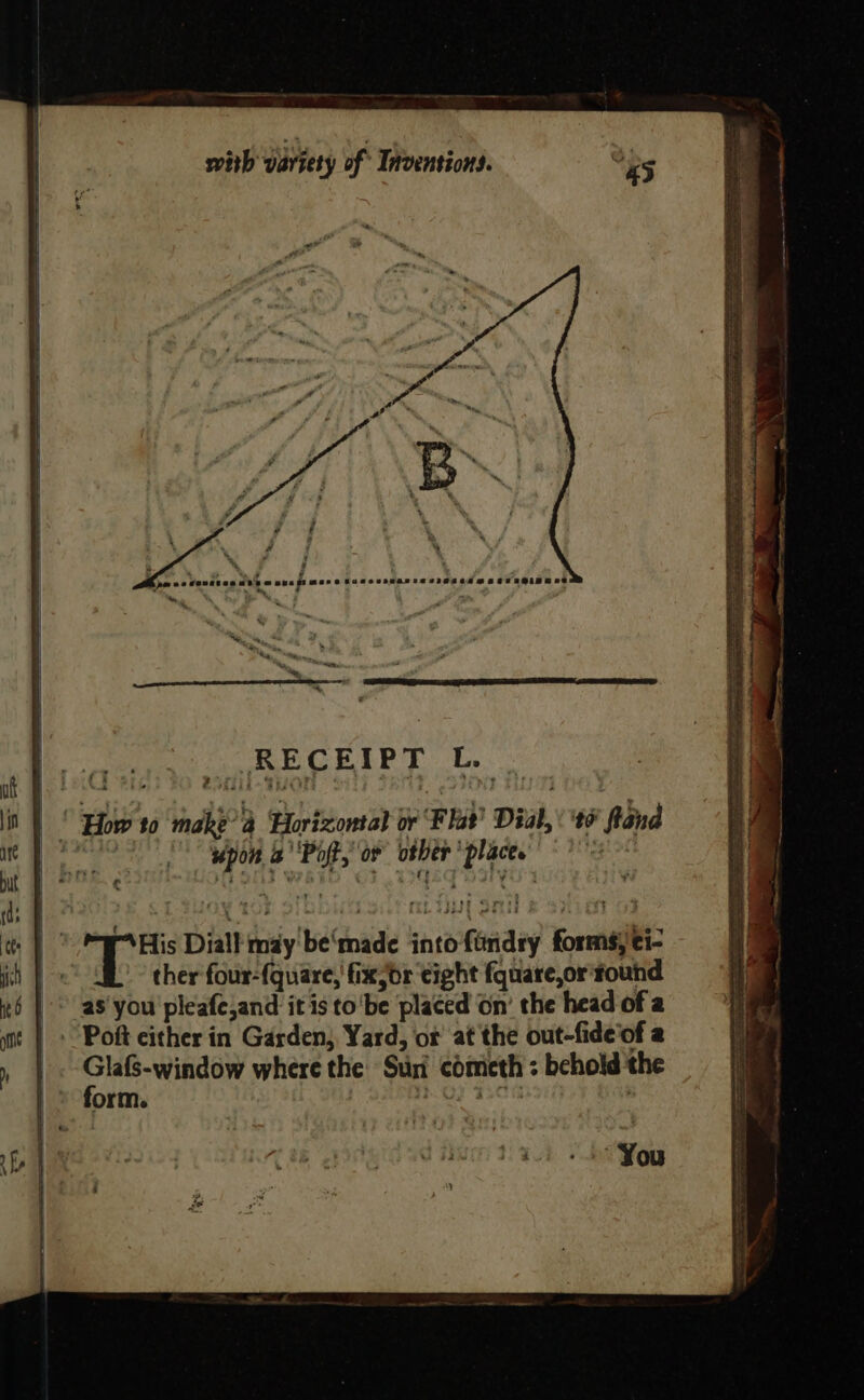 Y . ie ~ 2» id bao ne Senstenuts @ ous gs meee s » ~ — . “ gut RECEIPT L. | 3 = anaes SFE EOL SPL EBD |! How to ‘make?'’4 Horizontal or Flat’ Dial, 26 fland + upon 2''Poft, or other ‘place. i - PAHis Dial may be‘made into firdry forms, ei- ik ther four-{quare, fix dr eight fquare,or found © as'you'pleafejand it is to'be placed On’ the head of a _» Poft cither in Garden, Yard, ot at the out-fide'of 2 | Shader oe where the Suni cometh ; behold the orm. b.OF 1508 ,
