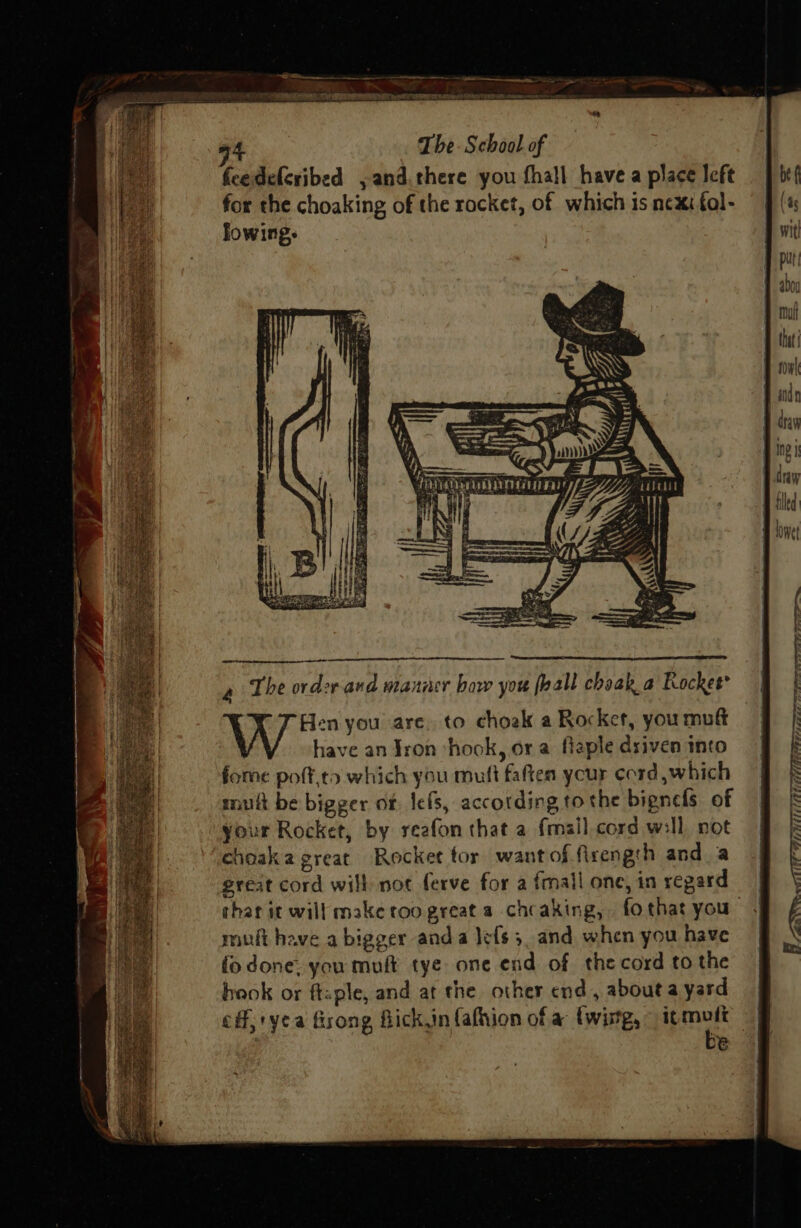 ei as rs a; rn * Be ic sat hth aria ha a eel 4 The. School of y} feedefcribed yand,there you fhall have a place left for the choaking of the rocket, of which is ncxi fol- 4 The order and manner bow you fhall chaak a Rocket* Hen you are, to choek a Rocket, you muf have an Jron ‘hook, ora flaple driven into fome poff,ta which you mutt faften your cord which mult be bigger of els, according tothe bignels of your Rocket, by reafon that a fmail cord will not choaka great Rocket tor wantoffirength anda great cord will not ferve for a fmall one, in regard thar it will make roo great a cheaking, fo that you muit have a bigger anda lefs 3. and when you have fo done. you muft tye one end of the cord to the haok or ftsple, and at the other end, abouta yard eff, yea fisong Bick in (afiion of a {witg, ipmee e