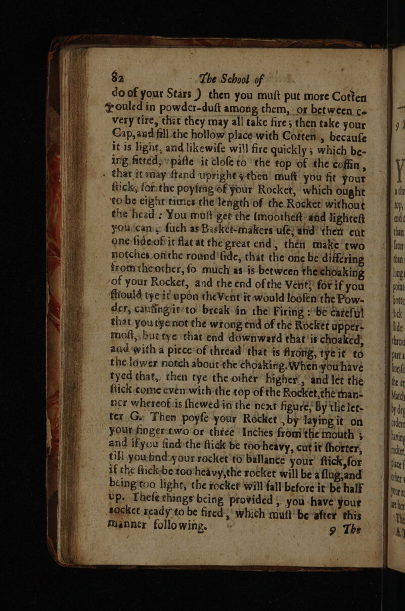 do of your Stars ) then you muft put more Cotten Youlcd in powder-duft among them, or between ca very tire, thet they may all take fire; then take your Cap, and fill the hollow place‘with Cotten., becaufe it is light, and likewife will fire quickly ; which be- ing fitted; pate it clofe to ‘the top of ‘the coffin ‘ . that it may ftand upright ¥tben’ muft you fit your fick; forthe poyfrag of your Rocket, which ought tobe eighr times the ‘length of the Rocket’ without the head ; You mutt gee the (moothert and lighteft you can fuch as Basket-makers ufe: and: ther cut one fideofir flacat the great end, then make two notches onthe round' fide, that the one be differing fromtheother, fo much as is between the choaking of your Rocket, and the end of the Vent?’ for if you fliould tye id wpon theVent' it would loofen'the Pow- der, canfingieto break in: che! Firing :be careful that youryenot the wrong end of the Rockét upper- moft,, buetye that end downward that‘ i choaked; and with a piece-of thread that is firong, tye it to the lower notch aboutthe choaking.When you have tyed that, then tye the other higher’, and let the fick come cvén with the cop of the Rocket,the man. ner wheseot:is fhewed in the next figure, By thie lee- ter G» Then poyfe your Rocket , by laying it on yourhogerctwo or thtee Inches fromthe mouth 3 and ifyou find the fiidk be too’heavy, cut it thorter, GH you find-y our rocket’to! ballante your fick’ for if the flick-be too heavy,the rocket will bea flug,and being'tuo light, the rocket Will fall’ before it be half up. Thelethings being provided } you have your socket xcady'to be fired; whith mutt be-after this