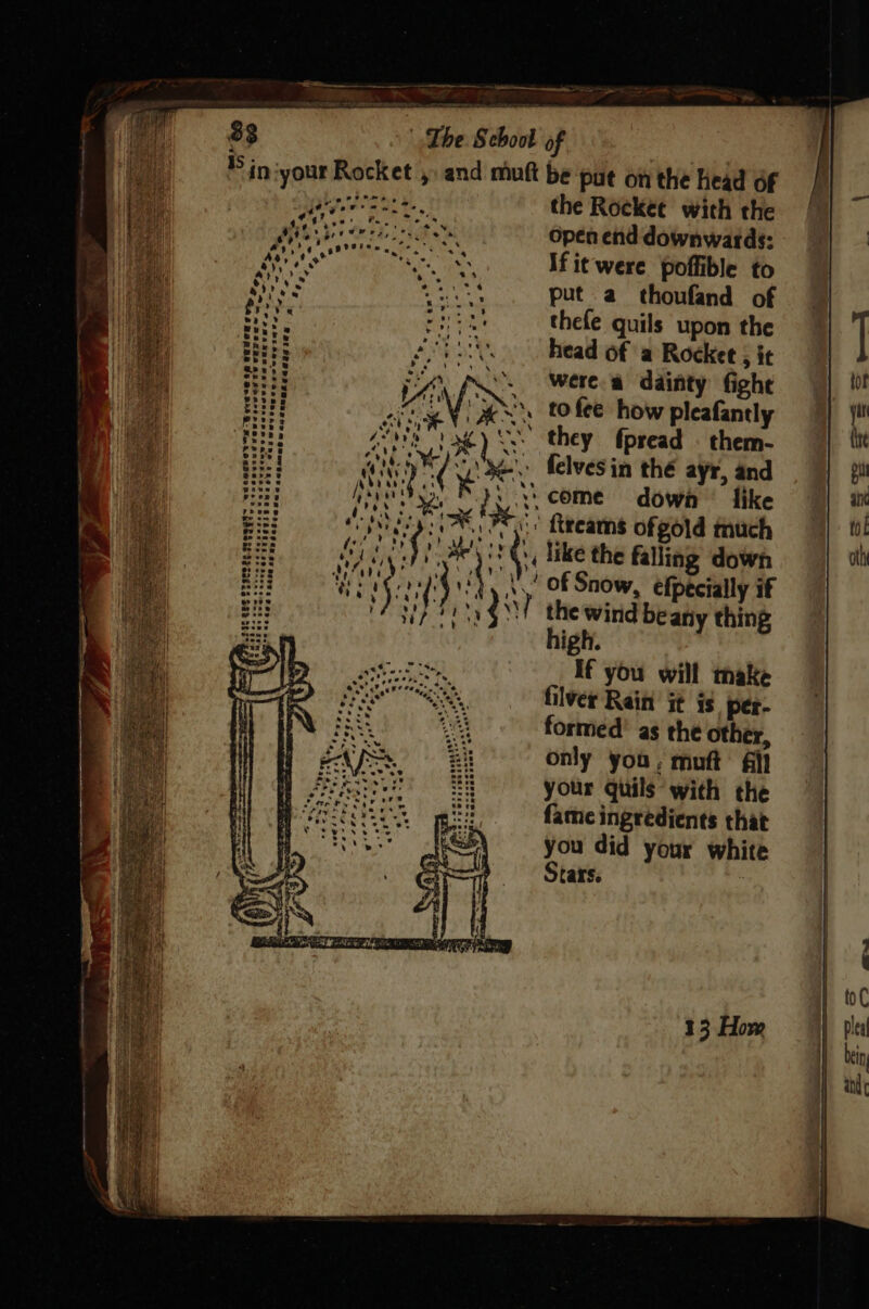 83 The School of Lita * iniyour Rocket ,, and muft be put on the Head of Teal ake the Rocket with the wit ys tern te open end downwards: eaten If it were poffible to ges title put a thoufand of HUM nea thefe quils upon the HE: ait head of a Rocket ; it sii Sa, Aree dainty fight Biel GaN eS. tofee how pleafantly iE Zen 3) “they fpread . them- Hid | Rin bey ae x: felvesin thé ayr, and sisi Aang Mile ‘\ come down like gic does sey CEP ES ftreams ofgold much Bits Magic! if west, like the falling down BaP boo Ne ; Ni}y dy! OF Snow, efpecially if Bis Le &amp; \ ig‘! the wind beany thing high. If you will make filver Rain it is per- formed’ as the other, only you, muft i! your quils with the fame ingredients that you did your white 235% thes. s