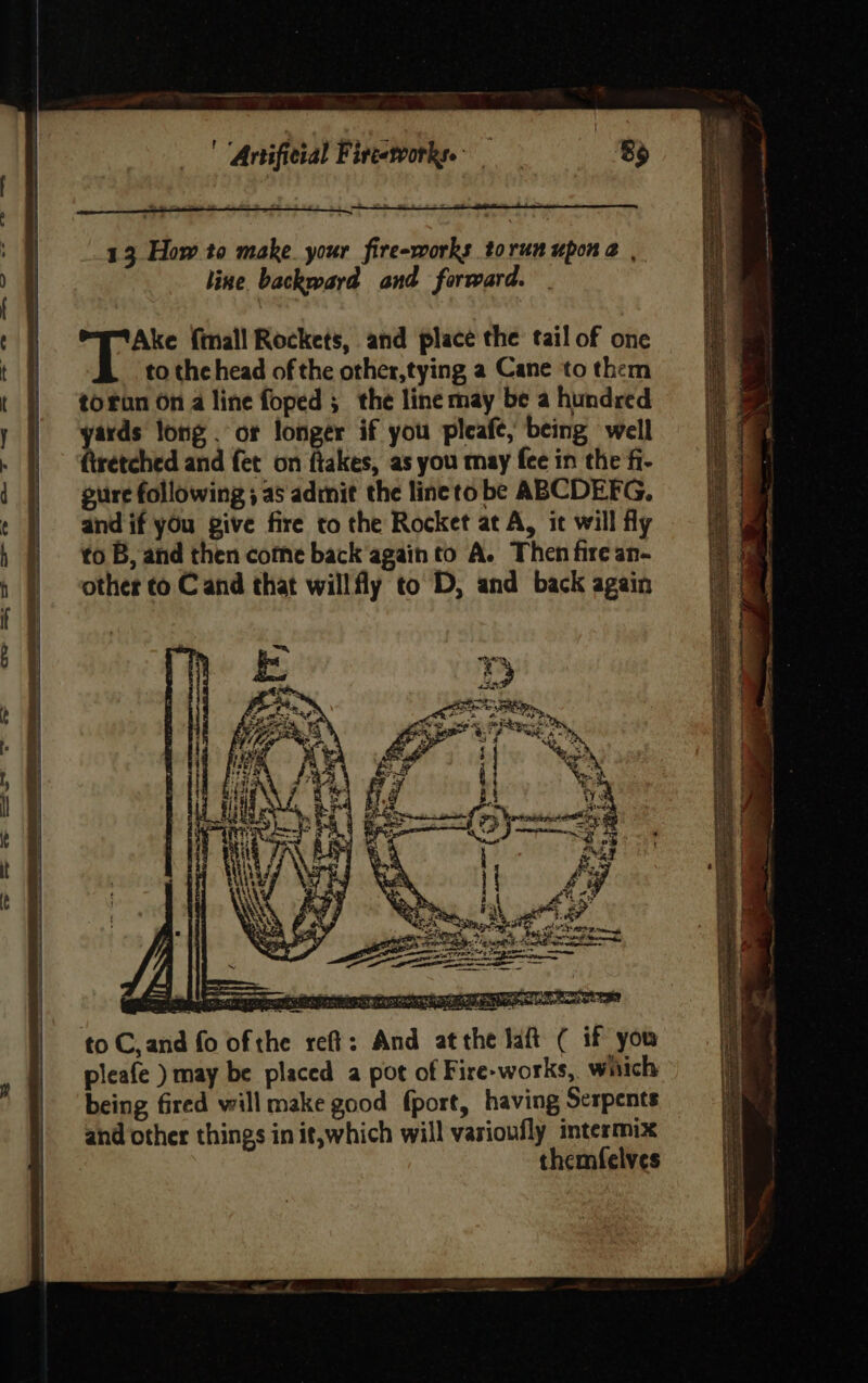 13 How to make your fire-works torun upon e , line backward and forward. | f i. ¢ Ake fimall Rockets, and place the tail of one i t | to the head of the other,tying a Cane tothem = J t |} tofonona line foped; the linemay be ahundred = 7 y | ‘yards long. or longer if you pleafe, being well (7) | » | ftretched and fer on fiakes, asyou may feeinthefi- =) 7 1 || gure following ; as admit the linetobe ABCDEFG, =| ¢ | andif you give fire to the Rocket at A, ic will fly h || toB,and then come back again to A. Then fire an- » | ‘other to Cand that willfly to D, and back again fF rae a aN a ay, Ser Rent ne 7-3 win ee, weer > Se = ge im -s % jo € ae eg ~~ > gO ie) ie) Qo = © be | - “f = B&amp;B <. =) de iS 2) cm bs | Oo ia) = | 2 ic) and other things in it,which will vasioufly intermix 7 themfelves