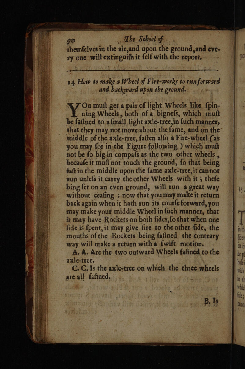 34 How to make a Wheel of Fire-works to runforward : and. backward upon the ground, dx muft get a pair of light Wheels like fpin- L. ning Wheels, both of a. bignefs, which muft be fafined to a {mall light axle-tree,in fuch manner, that they may not move about the fame, and on the middle of the.axle-tree, faften alfo a Fire-wheel (as you may f{e¢ in.the Figure following ) which mufi not be fo big.in compafs as the two other wheels , becaufe it muft not touch the ground, fo that being faftin che middle upon the fame axle-tree,it cannot sun unlefs it carry the other Wheels with it 5 thefe bing fet on an even ground, will run a great way without ceafing ; now that you may make it return back again when ic hath run its courfe forward, you may make your middle Wheelin fuch manner, that it may have Rockets on both fides,fo that when one fide is fpent,it may give fire to the other fide, the mouths ofthe Rockets being faftned the contrary way will make a return with a {wift motion. A. A. Arethe two outward Wheels faftned to the axle-tree. C. C, Is the axlestree on which the three wheels are all faftned, B, Is