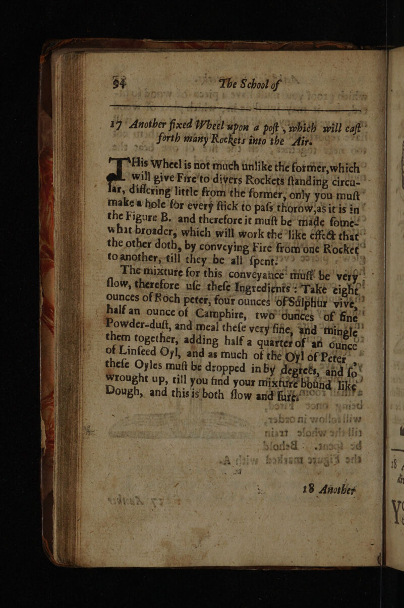 19 Another fixed Wheel upon a polt , which will calf forth many Rockets into the Air. His Wheel is not much unlike tHe former, which will give Fire'to divers Rockets ftanding circa- ar, differing’ little from the former, only you muft ” make hole for every ftick to pafs thorow,aS itis in the Figure B. and therefore it mutt be made fome- what broader, which will. work the “like cfc that the other doth, by convcying Fire from‘one Rocket’ toanother;-till they be all {pent:>” jaa. i The mixture for this conveyaiice’ muft: be very. flow, therefore nfe thefe Ingredients’: Take tight ounces of Roch peter, four ounces oF Sulphur vive!” y