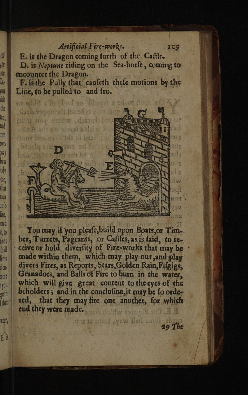 | E. is the Dragon coming forth of the. Caftle. | D. is Nepsune riding on the Sea-horfe, coming to | encounter the Dragon. we | F.isthe Pally that caufeth thefe motions by the | Line, to be pulled'to and fro. S ik TEE a OES mt cormmrere arctan: SRE. Se Ae eS sy Sn 40 |. Youmay if you pleafe,build upon Boats,or Tim,. fie; |. ber, Tusrets, Pageants, or Caftles, asis faid, to re- yl |: ceive or hold. diverfity of Fire-works that may be - ims | Made within them, which may play out,and play jq. | divers Fires, as Reports, Stars,Golden Rain, Filpigs, ont | Gramadoes, and Balls of Fire to burn in the water, yr | Which. will give great content to the eyes of the wth | Beholders; and in the conclufion,it may be fo orde- at | Sed, that they may fire one another, for which | end they were made. ea +; 19 The