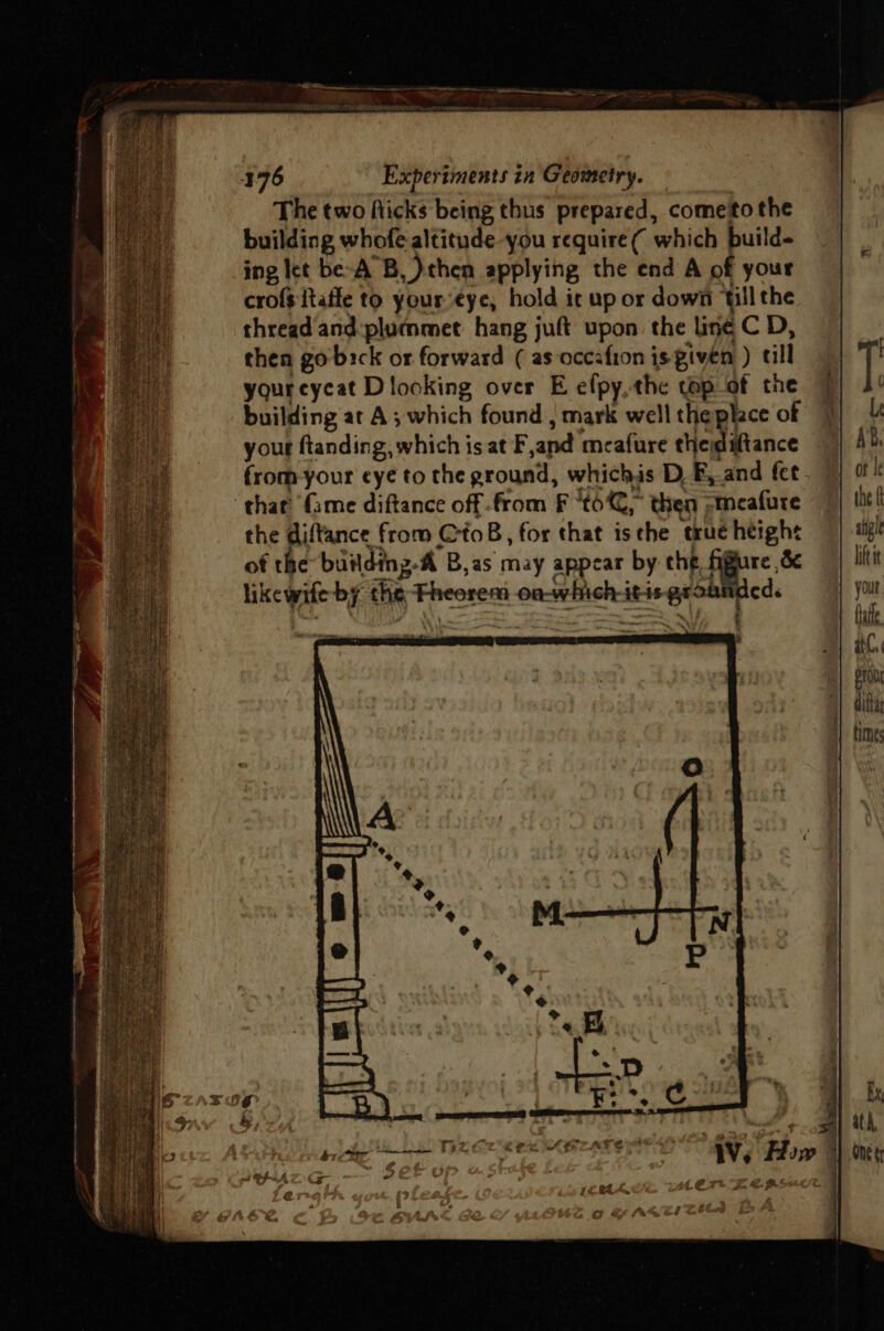 The two Ricks being thus prepared, comeito the building whofe altitude-you require ( which puild- ing let be-A°B, then applying the end A of your crofs itafte to your€ye, hold ic up or down ‘till the thread and-plummet hang juft upon the ling C D, then go bick or forward ( as occafion is given ) cll youreycat Dlooking over E efpy,the top of the building at A; which found , mark well the place of your ftanding, which is at F,and meafure Hen diance ;