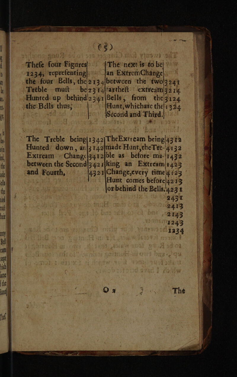 Thefe four Figures!) {The next is’ to be) 1234, reprefenting|.. jan ExtremChange the four’ Bells, the 213 4\between ‘the twol324% Tréble mu beiz3 P4itartheft extream|z2 14 Hunted: up behind 2347\Bells,; from the3124 ‘The Treble- being{134.2; TheExtream being|4372 Hunted’ down, anj3142/made Hunt, theTre-'4132 Extream © Changcj3412}jole as before ma-|1432 between the Second|342 sjking an Extream/1423 and Fourth, 4321\Change,every time'4 23 Hunt comes beforel42 13 orbehind the Bells,423 1 2431 2413 2143 1243 1234