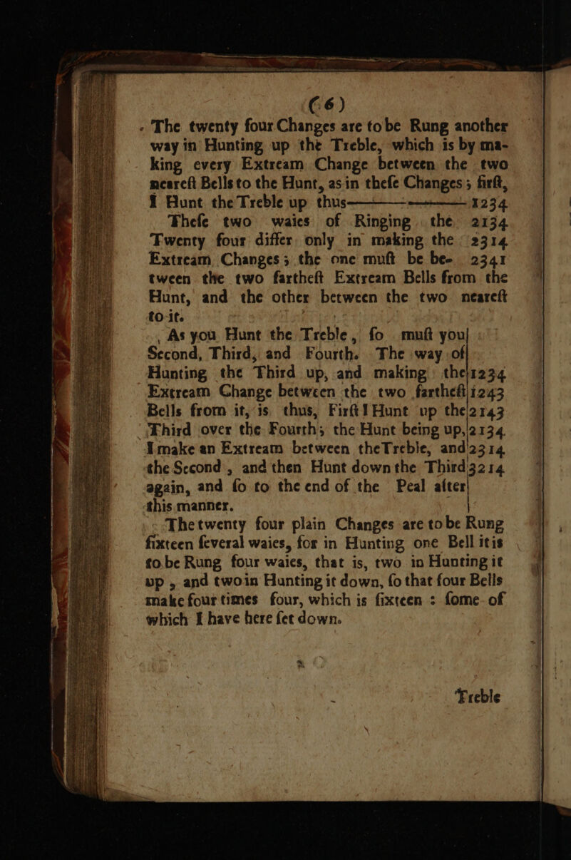 - The twenty four Changes are tobe Rung another way in Hunting up the Treble, which is by ma- king every Extream Change between the two nearcft Bells to the Hunt, asin thefe Changes 5 firft, i Hunt the Treble up thus-———— 1234 Thefe two waies of Ringing. the 2134 Fwenty four differ only in making the 2314 Extream, Changes; the one muft be bee 2341 tween the two fartheft Extream Bells from the Hunt, and the other between the two. neareft _ As you Hunt the Treble, fo . muft you Second, Third, and Fourth. The way :of Hunting the Third up, and making thejr234 Extream Change between the two farthe i243 Bells from it, is thus, Fir! Hunt up thej2143 JFhird over the Fourth; the Hunt being up,'2134. Imake an Extream between theTreble, and'23 14. the Second, and then Hunt downthe Third3214 again, and fo to the end of the Peal after this manner. : Thetwenty four plain Changes are tobe Rung fixteen feveral waies, for in Hunting one Bell itis to.be Rung four waics, that is, two in Hunting it wp , and twoin Hunting it down, fo that four Bells make fourtimes four, which is fixreen ; fome- of which I have here fet down.