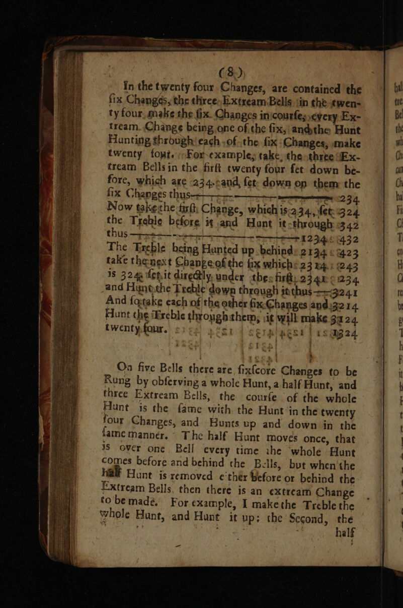 in the twenty four Changes, are contained the fix Changés, the three: Extream Bells sin the «wen- ty four, make the fix. Changes inicourfes every Ex- tream. Change being one of the fix, andthe Hunt Fiunting through) each ,of the fix : Changes, make twenty fod. .Forexample, take, the three UE x- tream Bellsin the firft twenty four fet down be- fore, which are 234.cand, fet: down op them the fix Changes thus--—— Themen 2 3 4 Now takeche tis(t; Change, which is.234, fet324 the Treble before it and Hunt it ‘through: «3 42 thus rs - TEP I23 46 432 The Treble being Hunted up behinds 2134 «423 take thenext Change-of the hx which: 23 mp. i 243 1S 3248 denit dire@ly, under the: hrf) 2348 6234 and Fyne.che Treble down through it thus ==3241 And fo:take cach of the other fix-Changes andi3214 twenty. four, Sto} SSr plage | es gged . repeal Ca iat WR ee On five Bells there are fixfcore Changes to be Rung by obferving a whole Hunt, a half Hunt, and three Extream Bells, the courfe of the whole Hunt is the fame with. the Hunt’in the twenty four Changes, and Hunts up and down in the lame manner. ° The half Hunt moves once, that 3S over one Bell every time ihe ‘whole Hunt comes before and behind the Bulls, but when'the ha Hunt is removed e'thér before or behind the Extream Bells, then there is an extream Change to bemadé. For example, I makethe Treble the whole Hunt, and Hunt it up; the Segond, the } wee &amp; ecm half — emp cc = == — —_— = = — a