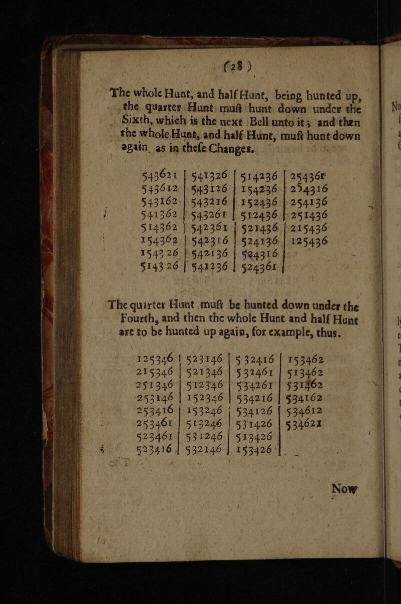 The whole Hant, and half Hunt, being hunted up, the quarter Hunt: muf hunt down under the _ Sixth, which is the next Bell unto it; and’then the whole Hunt, and half Hunt, muft hunt down again, as in thefe Changes. 543621 543612 543162 54.1362 541326 543126 543216 543265 514236 154236 152436 512436 254368 234316 254136 251436 215436 125436 521436 524136 5%4316 524301 | §42391 54.2316 §42136 541236 514362 154302 1543 26 5143 26 25% 346 253146 25341 253461 523461 523416 512346 152346 513246 531246 532146 534261 534216 534126 531426 513426 153426 153462 513462 531462 534162 534612 534625
