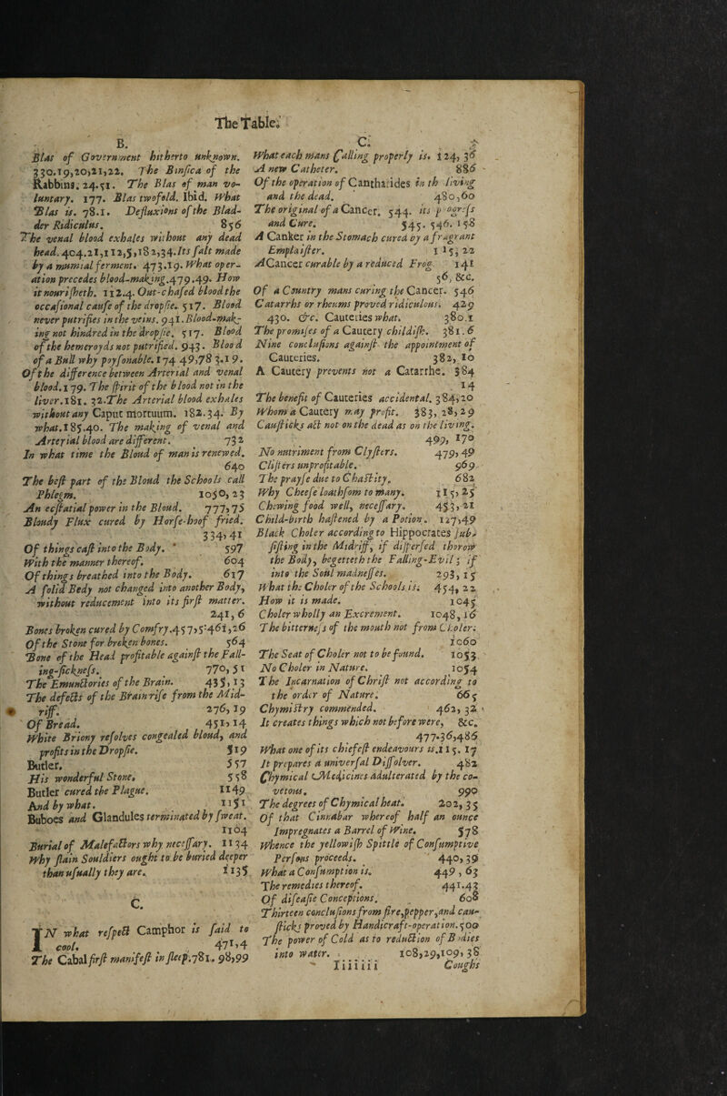 inf not kindred in the Arop/te. ^17* Blood of the heweroyds not putrified. 945. Bloo d of a Bull rvhy poyfonahle,!^^ ^9)7^ 9. Of the difference between Arterial And venal blooi.iyg. The (firit of the blood not in the ‘ The table; . 1 B. , , . - C; . ,. . Bias of Governr/jcnt hitherto Hnknown. fVhateach mans (falling properly is, $24,3® 330.i9,20>2i,22, The Binfica of the 'A new Catheter, Rabbins. 24.31. The Bias of man vo- Of the operation of In th living luntary, 177. Bias twofold. Ibid. What and the dead. 480^60 iBlas is. Defluxions of the Blad~ The original of a 544. its pogrefs der Ridiculus. ’856 and Cure. 545.546.158 The venal blood exhales without any dead A in the Stomach cured hy a frugrant head.^c^.ilyll2i$it%ii^t\.Its fait made Empiaifier. I Mi ^2 by a mumial ferment, j^yt^.ig.yyhat oper^ ACznc^z curable by a reduced Frog, 141 at ion precedes blood-makjng.e^y 9,49, tfow 5<5, &c. itnourifheth. 112.4. Out-chafed blood the Of a Country mans curing the C^nc tv, 546 occaftonal caufe of the drop fie., 517. Blood C atarrhs or rheums proved ridiculous, 429 The promt]es of a Caucery childifk. 381. <5 IT me conclufions againfi. 'the appointment of CauLeries. 382,^10 A Caucery prevents hot a Catarrhe'; 584 liver.iki. ^2.The Arterial blood exhales The benefit of Cauceries accidental. 384»^° without any Ci^vLtmovtwwm. i82.34- ^7 f^homa CiavQvy n.ay profit.,. 383, 28)29 85.40. The mak^ing of venal and Caufliekj ail not on the dead as on the living. Arteptal blood are different. 732 , In what time the Bloud of manis renewed. No nutriment from Clyfiers. 640 Clip ers unprofitable.' The befi part of the Bloud the Schools call Theprayfe due to Chaibity. Phlegm. 1050,23 IVhy Cheefeloathfom tomany. An ecfbatialpower in the Bloud. 777j75 Chewing food welly neceffary. ^ Bloudj Flux cured by Horfe-hoof fried. Child-birth hafiened by a Potion, 334,41 Black Choler accordingto BiippocvutQS Jub., Of thingsfaft into the Body. ‘ 597 fifting in the Midriffy if dijf erfed thorow with the manner thereof. ' 604 the Badpy begetteth the Falling-Evil i if' Of things breathed into the Body. 617 into the Soul madneffes. ^ 293,15 A folia Bedy not changed into another Body y What the C holer of the Schools isi 454, 22 without reducement into its firjb matter. How it is made. . 1045 241,6 Choler wholly an Excrement. 1048,16 Bones broken cured by (7<?»*/r/.457)SH^i}2^ The bitterHeJs of the mouth not from Ckolen Of the Stone for broken bones. _ 564 ic6o Bone ef the Head profitable againfi the Fall- The Seat of Choler not to be found. 1055. ing-ficknefs. ^ 77^i5^ No Choler in Nature. ^ ^054 The EmunUories of the Brain. 435,13 The Incarnation ofChriJb not according to 499, *70 479) 49 969 682 il5>^5 127)49 The defers of the Br'ain rife from the Mld- ^ riff. ^7^) ^9 'Of Bread. 45i>i4 white Briony refolves congealed bloudy and profits in the Dr op fie, ^tler. the order of Nature. 665 Chymibbry commended. ' 462, 32 It creates things which not before wercy &c. 477-3^)48!5 51P what one of its chiefe(b endeavours is.i 15. I7 5 57 It prepares a univerfal Dijf olver, 482 His wonderful Stone, phymicalUMedficincsddulteratidbytheco- Bvilltl cured the Plague. 1149 vetous, 990 And by what. ^ ii$i The degrees of Chymicalheati ^02,35 Buboes Chndui^S terminated bp fweat. Qf that Cinnabar whereof half an ounce 1164 Impregnates a Barrel of wine, 578 Burial of MalefaBors why neceffary. 1134 whence the yellowifh Spittle of Confumptive why fain Souldiers ought to be buried deeper p erfm proceeds. ' 440,39 thanufually they are.. 1135 what aConfumption is. 449,63 ‘ ^ The remedies thereof, 44’^*4| ^ .1 ■ Qjr ^Ifeafie Conceptions I ^ 60S Thirteen conclufions from fireypepperyUnd cau-^ filckj proved by Handicraft-operation.<^00 The power of Cold as to reduBlon of Bodies into water. 108,29,109,38 liiiiii Coughs IN what refpeB Camphor is faid to cool, ^ 47^’4 The Czhzlfirfi manife/b infletp.j^u 98,99