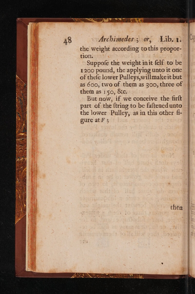 the weight according tothis propor- HI tion. i Suppofe the weight init felf: to be i 1200 pound, the applying unto it one of thefe lower Pulleys,willmake it but i as 600, two of them as 300, three of te them as 150, &amp;e: ot But now, if we conceive the firft | part of the {tring to be faftened unto the lower Pulley, as in this other fi-