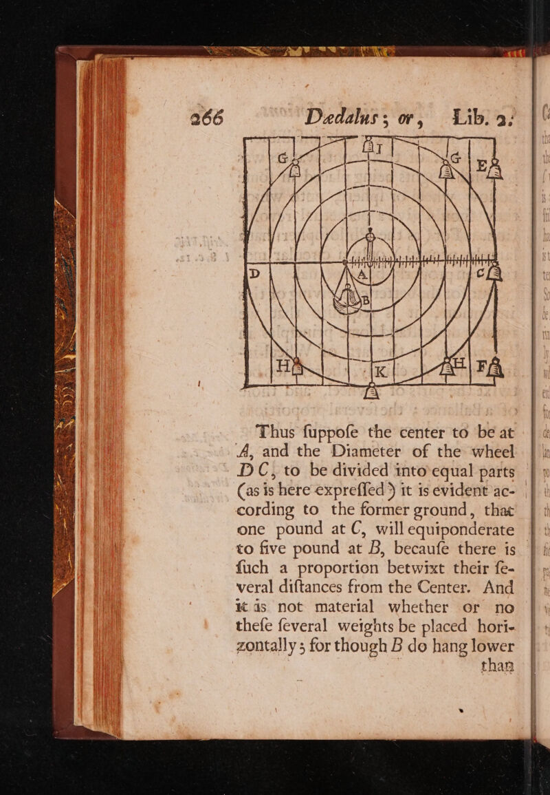 Thus fuppofe the center to be at A, and the Diameter of the wheel DC, to be divided into equal parts (as is here expreffed} it is evident ac- cording to the former ground, thae one pound at C, will equiponderate to five pound at B, becaufe there is fuch a proportion betwixt their fe- veral diftances from the Center. And ds not material whether or no thefe feveral weights be placed hori- zontally ; for though B do hang lower | than