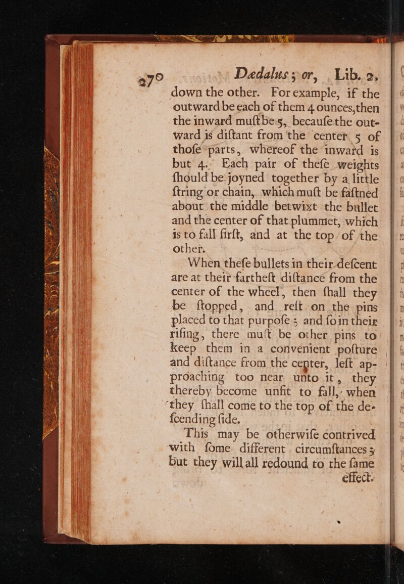 outward be each of them 4 ounces,then - the inward muftbe-s5, becaufethe out- ward is diftant from ‘the center 5 of thofe parts, whereof the inward is but 4.- Each pair of thefe weights {fhould be. joyned together by a little {tring or chain, which muft be faftned about the middle betwixt the bullet and the center of that plummet, which is to fall firft, and at the top’of the other. When thefe bullets in their-defcent are at their fartheft diftancé from the center of the wheel, then thall they be ftopped, and_reft on the pins placed to that purpofe.;. and foin their rifing, there mu{t be other pins to keep them in a convenient pofture and diftance from the cepter, left ap- proaching too near unto it, they thereby become unfit to fall, when {cending fide. | This may be otherwife contrived with fome different circumftances + But they willall redound to the fame : | effect.