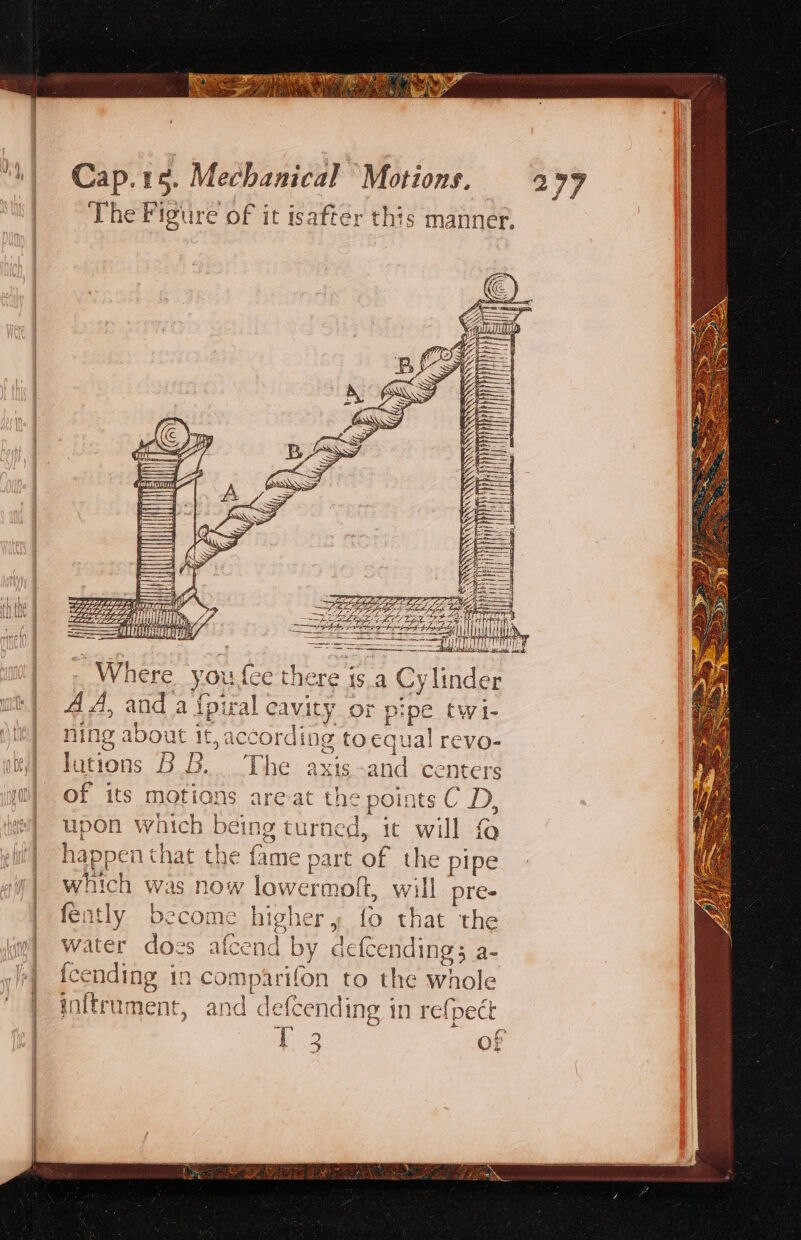 The Figure of it isafter this manner. Where you fee there at] 4A, and a {piral cavity or pipe twi- it!) ning about it, according to equal revo- it) lutions BB. The axis-and centers jo) Of its motions areat the points C D, upon which being turned, it will cl] happen that the fame part of the pipe ip} which was now lowermoft, will pres | fenatly become higher, fo that the water does afcend by defcending; a- | fcending in comparifon to the whole | inftrument, and defcending in re{pect ie tee of