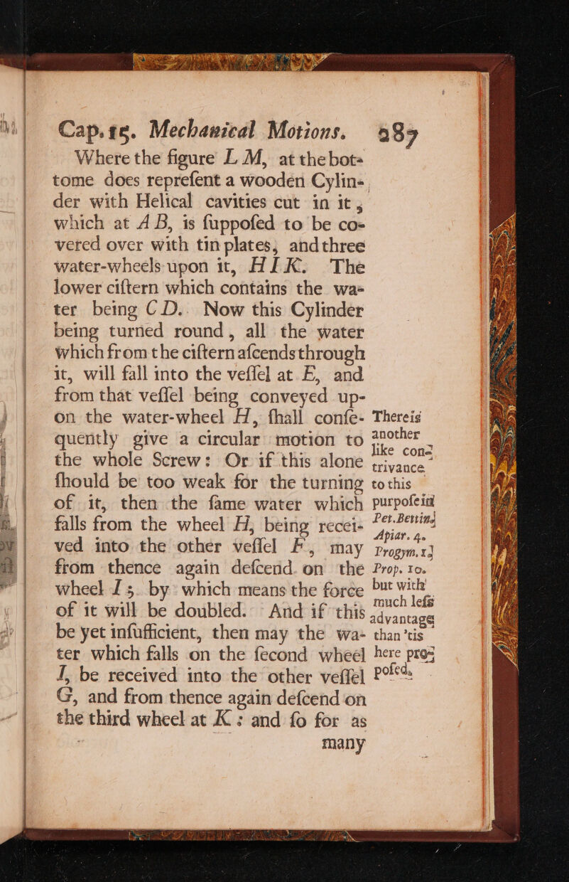 Where the figure LM, at the bot= tome does reprefent a wooden Cylin-| der with Helical cavities cut in it, which at AB, is fuppofed to be co- vered over with tin plates, andthree water-wheels upon it, HIK. The lower ciftern which contains the wa ter being CD.. Now this Cylinder being turned round, all the water which from the eiftern afcendsthrough it, will fall into the veffel at FE, and from that veflel being conveyed up- on the water-wheel H, fhall confe- Thereis quently give a circular motion to peue the whole Screw: Or if this alone piyance fhould be too weak for the turning tothis — of it, then the fame water which purpofei falls from the wheel H; being recei- He ie ved into the other veflel F, may Progymn. rd from thence again defcend. on the Prop. to. wheel J 5. by: which means the force &gt;¥* ane of it will be doubled. And if this sivanage be yet infufficient, then may the wa+ than’tis - ter which falls on the fecond wheel here pros I, be received into the other veffel P!*% G, and from thence again defcend on the third wheel at K : and fo for as 3 ee many