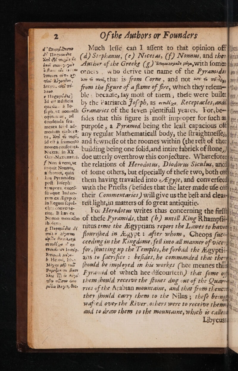d’Orutanew — Much lefle can I affent to that opinion off Soi Me suas se (d) Stephanus, (e) Nicecas, (f) Nonnus, and the: ofan we °® Orncis | who derive the name of the Pyramids} SMOG OFT XT : g ° 2 esegss qis/Aiwrier, «mH mus, that is from Corne, and not 7m % wry, ste ph amen W- from the figure of a flame of fire, which they refem= ctadificia by che Patriarch Fof-ph, as anlzu, Receptacles, andi} ite ada: 2 1o- d ’ 5 2 ‘ feph, ut nonoulli Granaries of the feven plentifull yeares. Tor, be=} Opinancur, ad 7 fides that this figure is moft improper for fuch a condenda fru- es ; p ; menta {ci'é ad- purpofe, a Pyramed being the leait capacious off modum ciabera- rw a sues, 2HY Fegular Mathematicall body, the {traightneffey,} jy id cit a frumento and fewneffe of the roomes within (the reft of thee} ,, nomen confecuta. 1 t j° s . . ey e ; Caen oe xx. building being one folid,and intire fabrick of ftone,) f Non a vero, ut Jaquit Nonnus, ; : ahorret, quin Of fome others, but efpecially of thefe two, both offf jy, has Pyramides poe: loleph them having travailed into e£gype, and converfecd} j,,. tempora, excef- With the Priefts (befides that the later made ufe obff,,.. firaque Tuden- rimex Eevpo. their Commentaries) will give us the belt and clea inKegumicpul- reit light,in matters of fo great antiquitie. chra converte- Bee tl ecten Yor Heredotus writes thus concerning the firft | * : Nonno monacho of thefe Pyramids, that (h) untill King Rhampfi ibiderm. . &gt; ay g Tveatdee sy Hitus reme the Egyptians report the Lawes to havethy marx rtorny flowrifhed in Augypt : after whom, Cheo Gpern Kanreng 3 oredr ye Fan bboy leo. EruusdA Lea. b Herod, lh. ; We, ih Mine uid nab thould be imployed in his workes (hee meanes thiiq), Paprerirs Bacon ee , . Nl eg DD &amp; Atys Pyravid of which hee cifcourtetn) that. fome oiff oie rvow an themibould recerve the ftones dug out of the Ouare ss pila idsyr, Ree r1eS of the Arabian mount aine, and that from tPenccay . they |houla carry them to the Nilus; thefe bernght wafied over the River. orhers were to receive themy and to draw them tothe mountaine, which ws calle Libycuss}