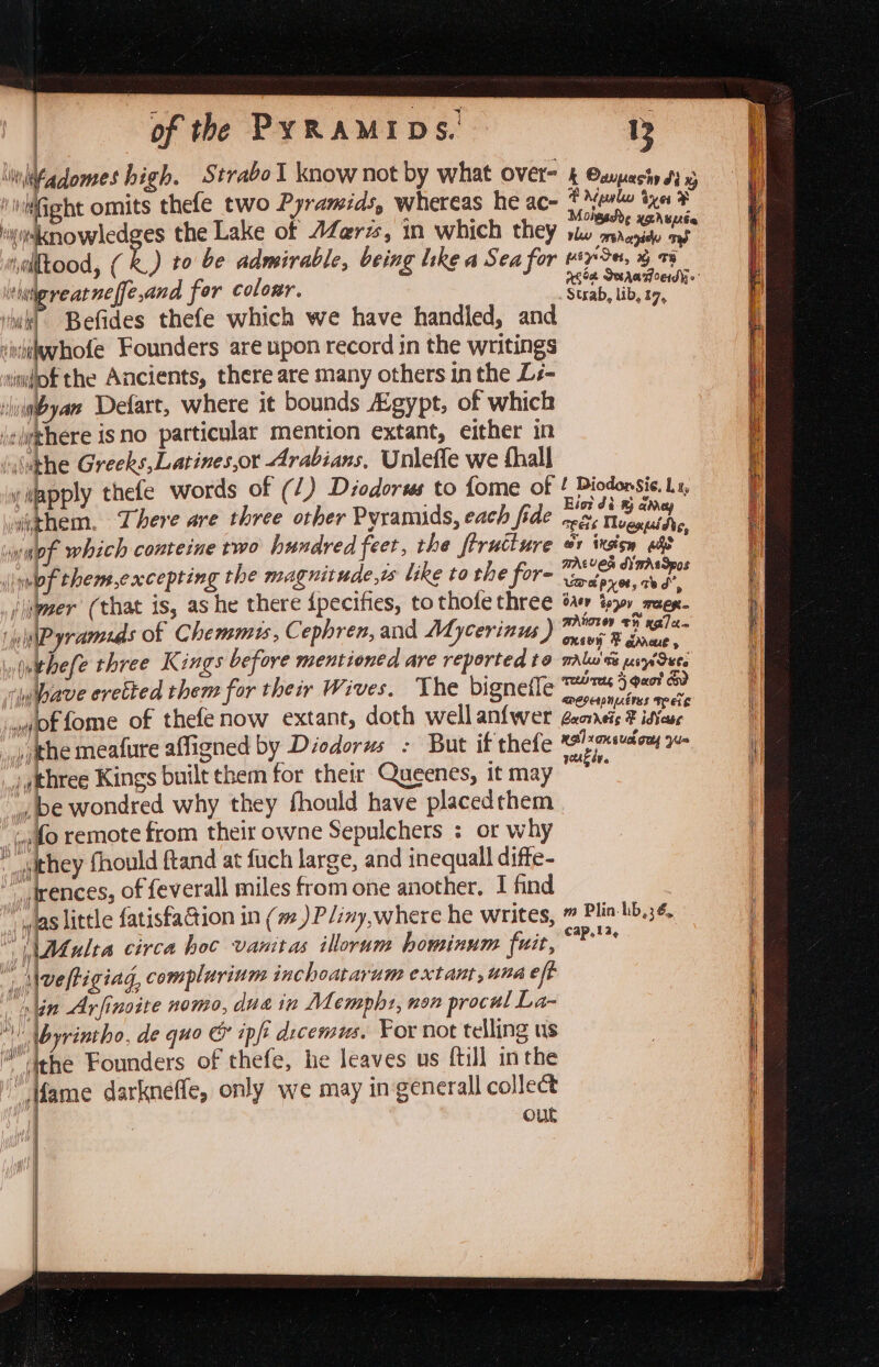 linldfadomes high. Strabol know not by what over= —- iiilknowledges the Lake of AZerzs, in which they iaittood, ( &amp;.) to be admirable, being like a Sea for viwigreatneffe,and fer colozr. wll Befides thefe which we have handled, and siediyyhofe Founders are upon record in the writings vimiof the Ancients, there are many others in the Lé- Jiigbyan Defart, where it bounds Agypt, of which \¢ihere isno particular mention extant, either in “hukhe Greeks,Latines,or Arabians, Unleffe we fhall wiapply thefe words of (/) Diodorus to fome of oithem. There are three other Pyramids, each fide vympf which conteine two hundred feet, the ftrutture of them,excepting the magnitude, like to the for- _(jigwer (that is, as he there fpecifies, to thofe three ‘y\Pyramids of Chemmis, C ephren, and Mycerinus ) »eebefe three Kings before mentioned are reported to ri have eretted them for their Wives. The bigneile »soffome of thefenow extant, doth well anfwer J the meafure affigned by Diodorus dine Kings built them for their Queenes, it may be wondred why they fhould have placedthem fo remote from their owne Sepulchers : or why f they fhould ftand at fuch large, and inequall diffe- ” trences, of feverall miles from one another. I find “was little fatisfaGtion in (7) P/iny,where he writes, Multa circa hoc vanitas illorum hominum fuit, sf i \veftigiag, complurium inchoatarum extant, una eft ‘tin Arfinsite nomo, dua in M emph1, nen procul La- \! Wbyrintho, de quo &amp; apf dicemus. For not telling us i’ Iehe Founders of thefe, he leaves us {till inthe “Mame darkneffe, only we may in general collect | our wh Ay oo &gt;= | a. f Mpwlo dyes F vl magidy ays ye, % TH Strab, lib, 17, f Diodor. Sie, La Biot dix ame SEE: £ Mogapidte, or WKSSH gis MAL Vea di WASSpos Learel per, aed, oAty eppoy FUCK = Raho th xglan oxnson F danaue TAlw ts pipdste TON Tee 5 act a) DOI PNUENSS TEE Bacrress F idveabe nglxansud ey Y= AY b Fo m Plin-hb,36, cap,12, SF