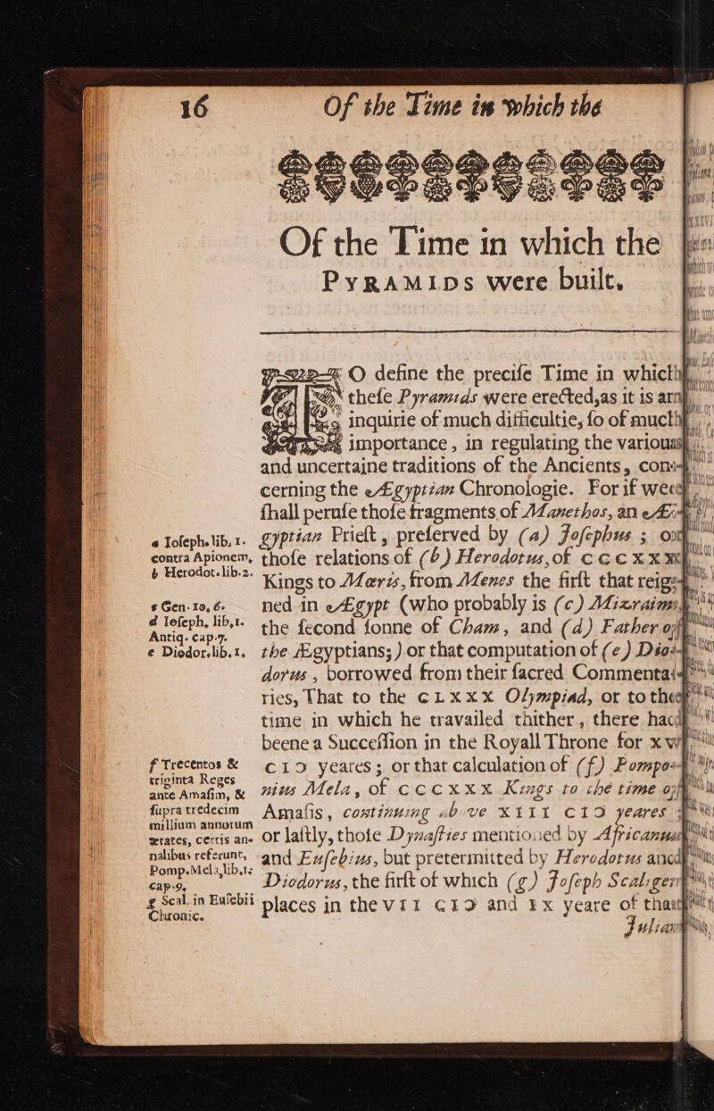 &gt;—« © define the precife Time in whicthf,, Hs thele Pyramids were erected, as it is arn, a4 (ug Inquire of much diffeultie; fo of mucthf ese, importance, in regulating the variouss}. and uncertajne traditions of the Ancients, cons}. jena thofe relations of (6) Herodotus, of cee x X x} Kings to Merzs, from Aenes the firlt that reigz4 eGen-t0,6- ned in egypt (who probably is (c) Aizraimm| Ana tean the fecond fonne of Cham, and (d) Father off e Diodorlib.t. the Agyptians; ) or that computation of (e) Déoit dorus , borrowed from their facred Commentai4”' time in which he travailed thither, there hacd™ triginta Reges ance Amafin, &amp; : fupratredecim =Amafis, coxtinumg ab ve XEIL CIS yeares oii millium annorum Pomp.Mel alib.ts CAP -9, ey Diodorus, the firft of which (g) Fofeph Scali gen j g Seal. in Ewlebii places in the vII GED and ¥x yeare of thang Chronic. F: / I whi angie