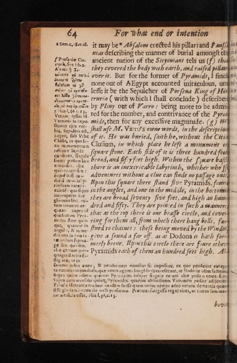 sSam.c,i8ev8. it may be * Abfalom erected his pillarsand F avs/(q!’ nias defcribing the manner of burial amoneft tth ie ancient nation of the Sicyonians tels us (f) thoal!’ they covered the body with earth, and raifed pellanry wii for the former of Pyramids, | fincdm!! none out of AEgypt accounted miraculous, uring’ 78 leffe tt be the Sepulcher of Porfena King of Hiehivy 7 pe bg treria ( with which I fhall conclude) deferibesdi/wi dudvasigictin by Pliny out of Varro: being more to be admiig @ “bind, 36 c.13, f Paufaaiz Co. rinth, five libes. Aus 4 Xu- xorvt0s rh mm AL Over it. But gosxats ‘Sym Sa'cisoe x TU ue yh NOU BI B- Varronis iu expo mids, then for any exceffive magnitude. (¢) WE Wins Chis ver- , Fase Wes | aS ne inndl bis, Sepultus et, 24H ufe AZ. Va Les owne words, in the defcriptio: a tub Vibe of ir. He was buried, [aith he, without the Citid Clufio, tn quola- Ay -&lt; yi m.. co tahumenn, Clufium, ix which place he left a monument ¢ “fl reliquie lapide nare ftone. Each fide of it wx three hundred fee Qu*drato, fingula f7 fe fi ie fe | liters pedam laa Broad, and ffiy fret high. Wuhin the [jnare bali tricentin, lia there ts an inextricable labyrinth, whither whe || SEE ei. * adventures without a clue can finde no pallage ontt dra‘a ius lay: Upon this (quare there ftand five Pyramids, fours IM NUM LIE XKCLI~ ‘ : cainile: quo fiquis 1K the angles, and OnE if the midale, 4/3 the bortom: ImMoroperet fine ‘ é feet. ; bp de tlonerclini, agi (HCY 4re broad feventy five feet, and high an hun tuminvenitene- dred and fifty. They are poinced in (uch a wmanner Bei rat eee that at the top there w one braffe circle, and covers mides ftanr quin- ving for them All, from which there hang bells, far } teinme. ved to chaines : thefe being moved by the Winder} que, , angui's, &amp; inme- / ; | diounainimola- give a found a far off, as at Dodona #t hath for 12 redim feptuas = BO 7 th if Py pO: f ge iim quinimn, “erly beene, Upon thes circle there are foure other / ‘4 4 ake centum quine Pyramids each of thent an hundred feet high, Al quagertarica Fx- tig ate, Ur in fuinmo orbis anew, &amp; perafesunus omnibus fic impofitus, ex quo péndeant exter ta Catenistincmnnabula,quz vento agitatz longé fonitus referant, ut Dodorz olim faCtanmg Sopra quem orbein quaewor Pyramides infuper fingale extant alee pedun cente.fnng Supra quas uno folo quing; Pyramides, quartm’alticudinem Varronem pudine adijeerecd Pabule Hetru(ce tradunt candem fuiffe quam cotius operis: adeo vefana dementia quer fide gioriam,impendio nallt profucure. Prateres fatigaffe reg ni vires, ut cimien aus mas jor artificis effet, Plial, 36,c.13. —— bow