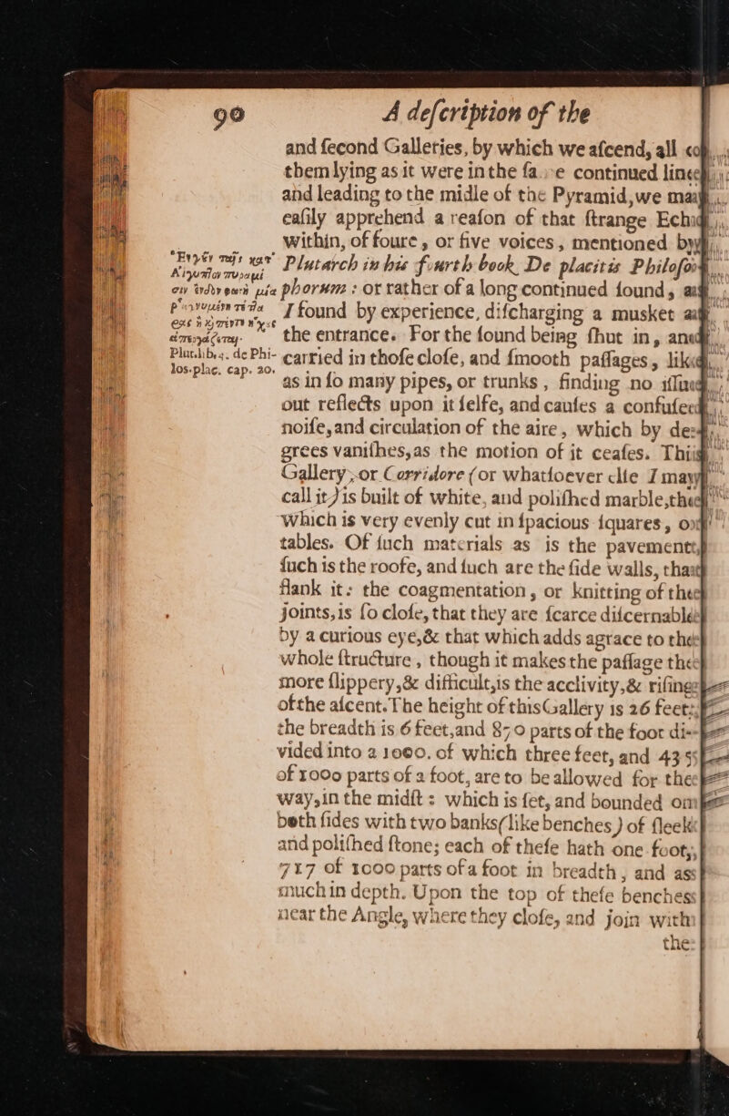 and fecond Galleries, by which we afcend, all cop... them lying as it were inthe fa.e continued linc): and leading to the midle of the Pyramid, we maa... eafily apprehend a reafon of that ftrange Echig,, | within, of foure , or five voices, mentioned. byyfi, sag uit  Plutarch in his fourth book De placitis Philofor the on indy pari pie phorum : or rather of a long continued found, ag: Piowuinrita “I found by experience, difcharging a musket aft criémy. the entrance. For the found being fhut in, anc, Plutlibys. dePhi- carried in thofe clofe, and {mooth paflages, lik hb eee as in fo many pipes, or trunks , finding no iffing out reflects upon it felfe, and canfes a confufecd,, noife,and circulation of the aire, which by des, grees vanifhes,as the motion of it ceafes. Thiig,,; Gallery;or Corridore (or whatioever clie J may call it7 1s built of white, and polifhed marble,thedl which is very evenly cut in fpacious {quares, oni tables. Of {uch materials as is the pavementtp {uch is the roofe, and fuch are the fide walls, chase Hank it: the coagmentation, or knitting of the joints, is [0 clofe, that they are {carce difcernabléah by a curious eye,&amp; that which adds agrace to thd whole {tructure , though it makes the paflage thet} more flippery,8&amp; difficult,is the acclivity,&amp; rifing}= ofthe aicent. The height of thisGallery is 26 feet: the breadth is 6 feet,and 870 parts of the foor dis-fe vided into 2 1900. of which three feet, and 4355E of £000 parts of a foot, areto be allowed for the way,in the mid{t: which is fet, and bounded on beth fides with two banks/like benches ) of fleek and polifhed ftone; each of thefe hath one footy, 717 of 1000 parts of a foot in breadth , and as: much in depth. Upon the top of thefe benches near the Angle, where they clofe, and join with the