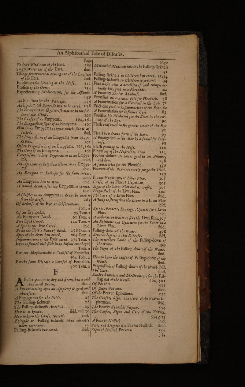An Alphabetical Take of Difeafes. Page To dran Fleas out of the Ear?. 106 To get Water out of the Ears. ibid. Things preternatural coming out of the Cavities of the Ears. ibidi Epithemes/or Heeding at the A/ofe. 121 Erofion of the Gums. 134 Expectorating Medicaments for the Afthma. 14 9 An Emulfion for the1 Pleurifie. 15 6 An Epidemical Pleurifie how to he cured. 158 7 he Empyema or Qnittorifh matter in the hoi- low of the Chejl. 160 The Caufes of an Empyema. i6o?i<5i The Diagnoftickjtgns of an Empyema. 161 How in an Empyema to know which fide is af- fetted. ibid. The Prognoflicks of an Empyema from Hypo- crates. ' 1 <51 Other Prognoflicks of an Empyema. i6i?i<52 The Cure of an Empyema. ' ■ • - ;• : Pjae Mercurial Medicaments in the Falling- ficknefs alling-Ecknefs in Children how cured. 33,34 Falling-iicknefs in Children to prevent. 34 eet wafht with a decoElion of cold tkings> ac¬ tually hoty good in a Phren&ie. 42 A Fomentation for Madnefs. ibid. einelius his excellent Pils for Headach. 5 8 ^ Fomentation/or a Cataratt in the Eye. 71 PriCuons good in Inflammations of the Eyes. 80 A Fomentation for inflamed Eyes. 83 Oieflus his Medicine for the Ulcer in the cor¬ ner of the Eye. 90 Flefh confit'nmed in the greater corner of the Eye 91 Flea s how drawn forth of the E,ars. 97 A Fumigation in the Ear by a funnel for deaf- nefs. Flelh growing in the Ncfe. 11 o 79 Tom.2 61 Tom. 2 222 Tom. 2 ibid, 258Tom. 2 264 Tom. 2 Catap/afmes to help Suppuration in an Empye¬ ma. ibid. An Apo&eme to help Concottion in an Empye¬ ma. ibid. An Eclegma or Lick-pot for the fame intent. %f^y- ' ibid. An Empyema how to open. ibid. A wound drink after the Empyema # opened. 1 bid. A PUifler in an Empyema to draw the matter / from the Brefl. 163 Of Rednef< of the Eye an Obfervation. 4 Tom. 2 Of an Eryfipelas. An Empyema Cured. Sore Eyes Cured. A [pot in the Eye Cured. From the Ears a Flux of Blood• Spots of the Eyes how cured, Inflammations of the Eyes cured. 275 Tom. 2 Eyes inflamed with filth in an Infant cured.^i 8 4;. Tom. 2 Fflr Elepbantiafis a Counfel of Fernelius. 404 Tom. 2 For the fame Difeafe a Counfel of Fernelius. ✓ • 403 Tom. 2 M F r • v ' v AFume-pouder to dry and fltrengthen a cold and moifl Brain. ibid. A Feaver coming upon an Apoplexy is good and wherefore. ibid. A Fumigation for the Pal fie. % 3 The Falling-ficknefs. 28 The Falling-ficknefs threefold. 29 How it is known. ibid, and 30 How to know the Cauf >s thereof. ibid. Epilepfle or Falling-ficknefs when cureable when incurable. 3* j -sS 162 Flegm out of the Noflrils to draw. Falling-ficknefs how cured, - ^ , 112 Flower-deluce its juice> good in an Afthmay and how. . i^g A fomentation for the Pleurifie. 155 Flowers of the Box-tree rarely purge the blood. 1 57 Fluxus Hepaticus* or Liver Flux. 305: Caufes of /^Fluxus Hepaticus, 30? Signs of the Liver F lux and its caufes. 305 Prognoflicks of the Liver Flux. 20 6 The Cure of a Liver Flux. ibid. A Julep to ftrengthen the Liver in a Liver Flux ibid.' Syrups, Poudersy Lo^encesy Opiates for a Liver Flux. v . ibid. A Reflorative Water to flay tht Liver Flux. 307 An Epitheme and Oyntment. for the Liver in a Liver Flux. , ibid. Falling-down of the Womb. 49S Several degrees of this Difeafe. ibid. The immediate Caufe of the Falling-down of the Womb. 1 The Signs of the Falling-down of the Womb. ibid. How to knew the caufes of Falling-down of the Womb.  ibid. Prognoflicks of Falling-down of the Womb. ibid. The Cure.  ibid. Sundry Remedies and Medicaments for the Fal¬ ling out of the Womb. < 00, co 1 O/Teavers. ' Of flmple Feavers. ibid* Of the Feaver Ephemera. 553 The Caufesy Signs and Cure of the Feaver E- phemera. r ibid. The Feaver Synochns flmpiex. 5 54 7 he Caufesy Signs and Cure of this Feaver. /- ' A Feaver Heftick- ibid. Sorts and Degrees of a Feaver HcCtick. ibid. ibid. Signs of He click Feavers. 55<* j ht