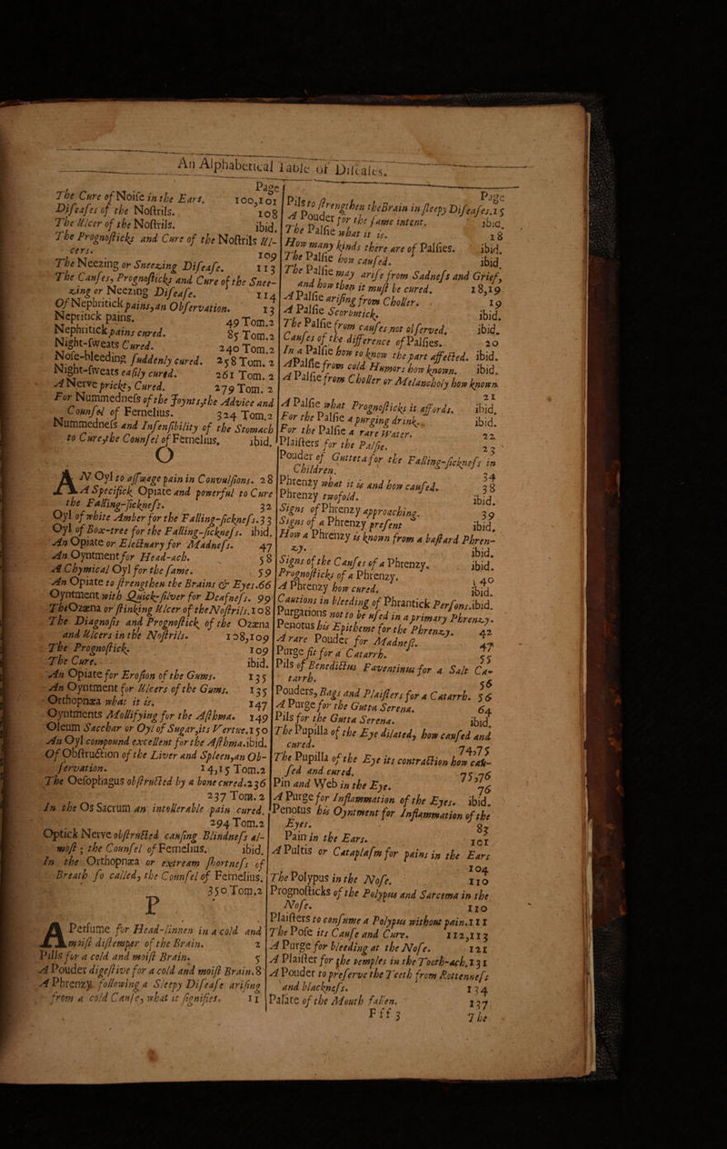 * r An Alphabetical Table of Diiialcs* The Cure tffNoile in the Ears* 100,101 Difsafes of the Noftrils. 103 The Ulcer of the Noftrils. ibid. 7 he Prognofticks and Cure of the Noftrils Ul¬ cers. j The Neezing or Sneezing Difeafe. 113 The Caufies, Prognofticks and Cure of the Snee- z,tnger Neezing Difeafe. u4 Of Ntyhntickpains,an Obfervation. 13 NepriticK pains. 49 Tom.2 Nephutick^/n/ cured. 85 Tom. 2 Nigk-fweats Cared. 240 Tom 2 Nofe-bleeding fuddenly cured. 258 Tom. 2 Night-fweats ea fitly cured. 261 Tom. 2 A Nerve prickt, Cured. 179 Tom 2 For Nummednefs of the Joyntsphe Advice and Counfei of Fernehus. 3 24 Tom 2 Nummednefs and InfenfiMlity of the Stomach to Cure,the Counfel of Fernehus, ibid o l35 13$ 147 149 A A7 Oyl to ajfwage f ain in Convulfeons. 2 8 A Speciftck Opiate and powerful to Cure the Falling-ficknefi. 32 . Oyl of white Amber for the Falling -ficknefs.^ 3 Oyl of Box-tree for the F ailing-jicknefs. ibid. An Opiate or Elebhtary for Madnefs. 47 An Oyntmentfor Head-ach. 5 8 A Chymical Oyl for the fame. 5 9 An Opiate to firengthen the Brains dr Eyes.66 Oyntment with Quick:fiver for Dcafnef r. 99 ThtOiasna or (linking Ulcer of thcNoflrils. 108 The Diagnofes and Prognoflick of the Ozarna and Ulcers in the Noftrils. 108,109 The Prognoflick• 7 ' 109 The Cure. ibid. An Opiate for Erofion of the Gums. An Oyntment for Ulcers of the Gums. Orthopnea what it is. Oyntments Mollifying for the Afthma* . ^ Oleum Sacchar or Oyl of Sugar ft s Vertu-e. 150 An Oyl compound excellent for the Aft hma.ibid. O/pbftru&ion of the Liver and Spleen,an Ob¬ fervation. i 4ji 5 Tom.2 The Oefophagus obftrufled by a bonecured.2%6 j\ ' ' i 237Tom.2 In the Os Sacrum inteller able pain cured. ■■ ' 294 Tom.2 Optick Nerve obftruEled caufmg Blindnefs al¬ mo ft ; the Counfel of Fernehus. ibid. In the Orthopnea or extream ftiortnefs of Breath fo called, the Counfel of Fernelius. 35°Tom.2 P ■> v . n x. A Perfume for Head-linnen in a cold and moift diftemper of the Brain. 2 Pills for a cold and moift Brain. 5 A Ponder digeftivefor a cold and moift Brain.% A Phrenzy following a Sleepy Difeafe drifting from a cold Caufe, what it ftgnifies, 11 5Poufe^r th,eBrdn r.., A? for the fame intern. ' jbio. 7 he Palfie „hat u is. , 8 (™™any finds there are of Pallies. ibid. n* Pa fie how caufed. ibid. e a he may anfe from Sadnefs and Grief, how then it muft be cured. 18.19 ATAfariflngfnmChoUtr. ■ 19 ^ Pajfie Scorbmick. ibid The Palfie frm caufesm olferved. ibid. Uufes of the dijfm„ce o/Palfies. 20 XZc how tolnow thsPan 4‘fat- ibid- caJf humors how known. < 'ibid. 10 from Choller or Melancholy how known- A Pilfculm Prognofticks it affords. ibid. For the Palfie *f urging dunk- ibid. tor the Palfie 4 rare Water, 22 1 laifters for the Palfie. 2?- ?0UChildfreftt,Uf°r thC F«llin£-f“knsf‘ tn Pkenzy what it is and how caufed. 3 8 Phrenzy twofold. ^id Signs c/Phrenzy approaching, 31 Signs of a Phrenzy frefent * ibid! How a Phiehzy is known from a haftard Phren- r i jn r , s ibid. Signs oftheCaufesefa Phrenzy. ibid. Prognofticks of a Phrenzy. 4q A Phrenzy how cured. ibid. Cautions in bleeding of Phrantick Perfons.hid Purgations not to be ufed in a primaryPhrenzy. Penotushts Fp,theme for the Phrenzy. 42 A rare Pouder for Madnefi. Purge fit for a Catarrh. ^ Pds of BenediChss Faventinsu for a Salt Ca~ tarrh. _ * Poud&SyBags and Plaifters for a Catarrh. 56 ^ Purge for the Gutta Serena. 64 i llsfor the Gutta Serena. ibid. The Pupilla of the Eye dilated, how caufed and cured. 74 7 e The Pupilla of the Eye its contraction how calt- fed and cured. nt nH Pin and Web i„ the Eye. l6 A Purge for Inflammation of the Eyes. ibid. Penotus his Oyntment for Inflammation of the .Eyes. . g Painr/a the Ears. ICi H Pultis or Cataplafm for pains in the Ears 1 • , - \ , , . a /. r-g The Polypus in the Nofe. 110 Piognofticks of the Polypus and Sarcma in the Nofe. 11 o Plaifters to eonf nme a Polypm without pain.i 11 The Pofe its Caufe and Cure. 112,115 A Purge for bleeding at the Nof ?. 121 A Plainer for the temples in the Tooth-ach.T 31 A Ponder to preferve the Teeth from Potiennef; andblackncfs. 134 Palate of the Mouth fallen. * Fff 3 j)'