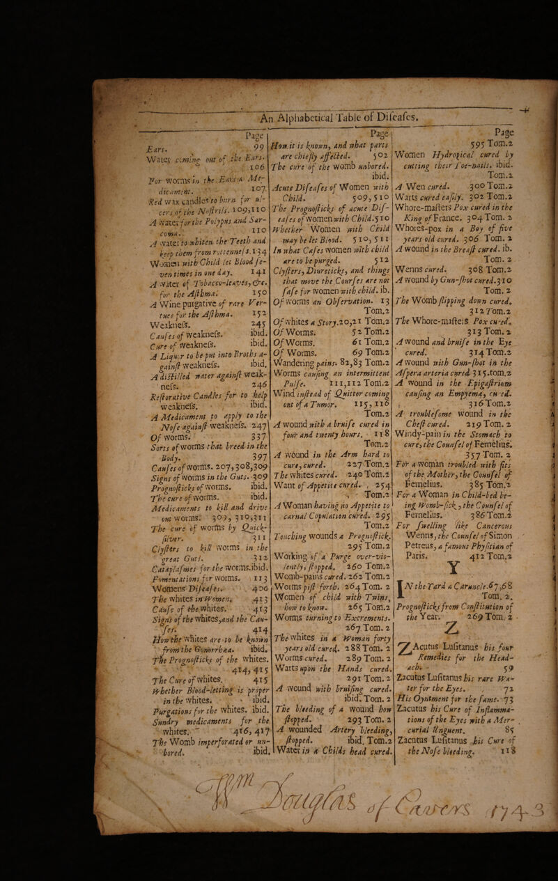 Page 99 Ears. Water cimlng out of the Ears^ 'For worn^ in . the Ears a Alt- dicamctit. < io7- Red wax candles to burn for ul¬ cers of the No/tn/s. 1 °SM1 ° A wafttvfortke Polypus and Sar- • co^-: ; ' ,IIC ,4 water ffl whiten the Teeth and keep them from rottennej s 134 Women with Child let Blood fe- ven times in one day, 14* A water of Tobacco-leaves for the Aflbma. *5° A Wine purgative 0/ rare Ver- tues for the Afihma. 15 2 Weaknefs. 24 5 C*»/>a 0/ weaknefs. ibid. 0/ Weaknefs. ibid. ^ Li fair to be put into Broths a- gainft weaknefs. ibid. A diBilled nater againft weak- ' nefs. 2 4^ Reflor ative Candles for to help weaknefs. ibid. A Medicament to apply to the Nofe againfl weaknefs. 247 Of worms. 337 Sorts of worms that breed in the Body. 397 Caufes of worms. 207,308,309 Signs 0/worms in the Guts. 309 Prognofiicks of worms, ibid, ■rt f car * 0/ wor ms. ibid. Medicaments to kill and drive out worms. 3 07, 310>311 The cure of worms by Quick: filmr. 311 Clyfitrs to ktd Worms in the great Guts. 3*2 Cataplajmes for the worms.ibid. Fomentations for worms. 113 Womens ViJ cafes. . 4DO The whites iri Women♦ 413 Caufe of the whites. 413 Signs of the whitQSyand the Cau¬ fes. 414 HowthewKittSareto be known from the Gonorrhea. ibid. The Prognofiicks of the whites. * / 4M?4I5 The Cure of whites. 415 Whether Blood-letting is proper in the whites. ./ * ibid. Purgations for the whites, ibid. Sundry medicaments for the whites.  41^,417 The Womb imperforated or un¬ bored» ibid. . Page How it is known-, and vthat parts are chiefly affelled. 502 The cure of the womb unbored. ibid. Acme Difcafes of Women with Child. 509^10 The Prognofiicks of acute Dlf- tafes of Women with Child. 51 o whether Women with Child may'be let Blood. 5i°>5n In what Cafes women with child are to be purged. 512 Clyflers, Dturetickgi and things that move the Courfes are not fafe for women with child, ib. Of worms an Okfervation. 13 Tom.2 Of whites a #077.20,21 Tom.2 Of Worms. 5 2 Tom.2 OfWorms. 61 Tom.2 Of Worms. 69 Tom.2 Wandering pains• 82,83 Tom.2 Worms caufing an intermittent Pulfe. 111,112 Tom.2 Wind inflead of Quitter coming out of a Tumor. 115,116 Tom.2 A wound with a brnife cured in four and twenty hours. 11 8 Tom.2 A wound in the Arm hard to curt-, cured. 227 Tom.2 The whites cured. 240 Tom.2 Want of Appetite cured. , 254 1 7 Tom.2 A Woman having no Appetite to carnal Copulation cured. 295 Tom.2 Touching wounds a Pr ognoflick. 29)eTom.2 Working of a Purge over-vio- lently, flopped. 25o Tom.2 Womb-parns cured. 262 Tom.2 Worms piji forth. 264 Tom. 2 Women of child with Twins, how to kn°™. 265 Tom.2 Worms turning to Excrements. 267 Tom. 2 The whites in a Woman forty years old cured. 2 88 Tom. 2 Worms cured. 2 89 Tom. 2 Warts upon the Hands cured. 291 Tom.2 A wound with bruifing cured. ibid. Tom. 2 The bleeding of a wound how flopped. 293 Tom. 2 A wounded Artery Heeding, flopped. ibid. Tom.2 Water in a Childs head cured. Page 595 Tom.2 Women Hydropical cured by cutting their Toe-nails, ibid. Tom.2 AWzncnred. 300 Tom.2 Warts cured eafily. 302 Tom.2 Whore-makers Pox cured in the King of France. 3 04 Tom. 2 Whores-pox in a Boy of five years old cured. $06 Tom. 2 A wound in the BreafI cured, ib. Tom. 2 Wenns cured. 308 Tom.2 A Wound by Gun-fhot cured.?, IQ Tom. 2 The Womb flipping down cured* 31270111.2 The Whore-mafterS Poxcwd* 313 Tom.2 A wound and brnife in the Eye cured. 314 Tom.2 A wound with Gun-fiat in the Afpera arteria cured. 31 A wound in the Epigaflrium caufing an Empyema, ch e£. 316 Tom.2 A troublefcme wound in the Chefi cured. 219 Tom. 2 Windy-pain in the Stomach to curti the Counfelof Fernelius. 357X0111.2 For a woman troubled with fits of the Mother, the Counfel of Fernelius. 385 Tom,2 For a Woman in Child-bed be¬ ing Womb-fick 1 the Counf :l of Fernelius. 386Tom.i For Jwelling like Cancerous Wenns, the Counfelof Simon Petreus, a famous Phyfitian of Paris. 412 Tom.2 ; Y IN the Tard a Caruncle-^7,6^ Tom, 2, Prognofiicks from Conflitution of the Year. 269 Tom. 2 Z s four ^Acutus Lufitanus hi Remedies for the Head¬ ache - 59 Zacutus Lufitanus his rare Wa¬ ter for the Eyes. , 72 His Oyntment for the fame. 73 Zacutus his Cure of Inflamma¬ tions of the Eyes with a Mer¬ curial Unguent, 85 Zacutus Lufitanus his Cure of the Nof ? bleeding. 118 /ifirr/v$ ( y 4.