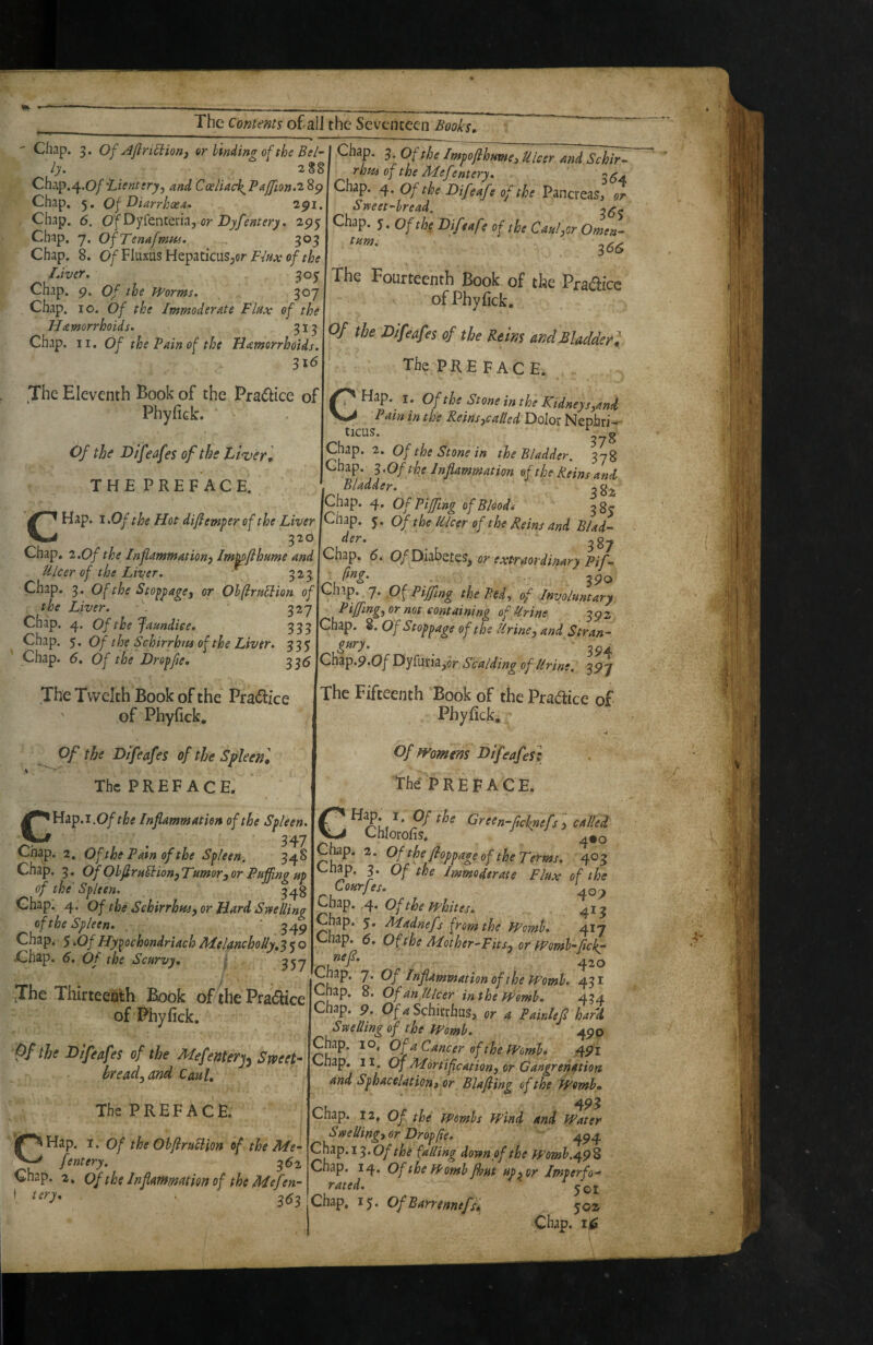ly. 28§ *’/• V w Ch^jp.^.Of “Lienttryy and Cceliaci^PajJion.'iSp Chap. 5, Of L)iarrhc3ea, 2pi. . Chap, 6. OfOy[entenn,orJ)y/entery, 2pj Chap. y. OfTenafmHf, 303 Chap. 8. 0/Fluxus HepaticuSjcrP/z^ATo/^/?.? Inver. 305: Chap. 9. Of the Worms. Chap. 10. Of the Immoderate Flax of the Hemorrhoids. 313 Chap. II. Of the Pain of the Hemorrhoids. 316 The Eleventh Book of the Pra(5lice of Phyfiek. Of the Difeafes of the Liver , THE PREFACE. CHap. I Df the Hot difemper of the Liver 320 Chap. 2.0/the Inflammation} Impflhnme and Ulcer of the Liver. 323 Chap. 3. Of the Stoppage} or OhfirnUion of the Liver. 327 Chap. 4. Of the Jaundice. 333 Chap. y. Of the Schirrhiis of the Liver. 335 Chap. 6. Of the Drepfle. 335 The Tvvelch Book of the Pradice of Phyfick. Of the Difeafes of the Sflleenl The PREFACE. CHap.i.O/f^tf Inflammation of the Spleen. 347 Chap. 2, Of the Pain of the Spleen. 348 Chap. 3, Of OhflrH^ion}Ttimor}Or Ptijjingup of the' Spleen. . 348 Chap. 4. Of the Schirrhnj} or Hard Smiling of the Spleen. 549 Chap. 5.Of Hypochondriach M.elanchoUy.3y o Chap, 6. Of the Scurvy, i 357 ilhe Thirteenth Book of the Pradice of Phyfick. Of the Difeafes of the Mefenterj^ Sweet- bread^and Caul, The PREFACE. CHap. I. of the OlfiraUion of the Me- fentery. 5^2 Chap. 2. Of the Inflammation of the Mefen- i tery, . 363 rhtis of the Hlefentery. 36A Chap. 4. Of the Difeafe of the Pancreas, or Svneet-hread. 3^- Chap, j. Ofthf T>if,4, of ,ho Caul,or OmJ- 366 The Fourteenth Book of the Pradicc of Phyfick. Of the Difeafes of the Reins and Bladder^, The PREFACE. Hap. I. Of the Stone in the Kidney Syand oJ Pain in the ReinS}Called Dolor Nephri- ' tlCUS. - g ^hap. 2, Of the Stone in the Bladder. 378 Chap. 3 .Of the Inflammation of the Reins and Bladder. 3 o.> Chap. 4. Of Piffling of Blood.- 385 Chap. 5. Of the Ulcer of the Reins and B/ad~ Her. Chap, 6. 0/Diabetes, or extraordinary Pif- 390 Chap. 7. Of Piffling the Bed., of Involuntary Piffingyormt containing of Urine 392 Chap. 8. Of Stoppage of the Urine} and Stran- . '394 Chap.9.0f Dyfuria,or Scalding of Urine, 397 The Fifteenth Book of the Pradice of Phyfick.. Of Womens Difeafes: The PREFACE. Green-ficknefs i called J Chlorofis. 4«o Chap. 2. OfthefioppageoftheTerms. 403 Ctiap. 3. Of the Immoderate Flux of the Courfes. Chap. ,4. Of the whites. 413 Chap. 5. Madnefs from the Womb. 417 Chap. 6. OftheAIother'FitS}OrWomhfickr /• v^nap. 7. Of Inflammation of the Womb. 431 Chap. 8. Of an Ulcer in the Womb. 434 Chap. 9. Of.? Schitrhus, or a PainUfl hard Smiling of the Womb. 490 Chap. 10, Of a Cancer of the Womb. .4pl Chap. 11. of mortification} or Oangrenetiou and Sphacelation» or Blafling of the Womb,» 493 Chap, 12. Of the Wombs Wind and Water Si»eUing»or Droppe. 494 Chap. 13.0/the falling dorenpfthe Womh.^i^.^^ Chap. 14. Of the Womb fhut up} or Imperfo-'. rated. ‘ Chap, 13. OfBayrennefsi 30a Chap. Zj^