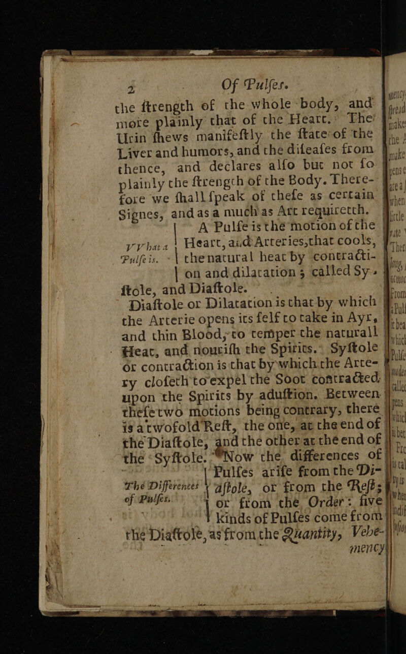 the ftrength of the whole body, and }, % more plainly that of che Heart. The: |! Urin thews manifeftly the ftate of ‘the Liver and humors, and the difeafes from thence, and declares alfo buc not fo fF plainly che ftrengch of the Body. There- 9 fore we fhall {peak of thefe as certain | Signes, andasa muchas Att reguiretth, | A Palfe isthe motion of the | vybaa | Heart, audArteries,that cools, Pulfeis. | chenatural heat by coneracti- | | on and dilatation 5 calledSy. 9” | ftole, and Diaftole. Diaftole or Dilatation isthat by which the Arterie opens its felf cotake in Ayr, and thin Blood,’co temper the natural! | at . @eac, and noucifh the Spirits. Syftole | + or contraction is that by which the Arte- f'* ry clofeth to‘expel the Soot contracted: | # upon the Spirits by aduftion. Between } thefetwo motions being contrary, there_ isatwofold Reft, the one, at the end of : the Diaftole, and the other at the end of ||’ the ‘Syftole. “Now the. differences of |) : , Pulfes arife from the Di- || The Differences { aftole, or from the Rell; qumre | or from thé, Order: five) whi “Y kinds of Pulfes come from | pu the Diattole, asfrom the Quantity, Vebe-) Mo ie