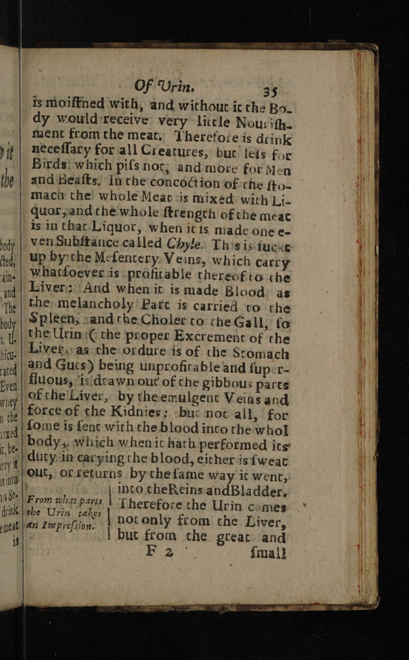 ismoiftned with, and without ic the Bo. dy would:receive: very liccle Nou: ifh. ment fromthe meat, Therefore is drink neceffary for all Creatures, buc le{s for _ Birds! which pifs noc; and more for Men and Beafts, In che concoction of the to. | maciv the whole Meao ‘is mixéd: with Li- quor,and che whole ftrengch of the meat is in that Liquor, when icis made one e« ny | FER Subftance called Chyle. Th Sis fucxe ied) | UP bysthe Mefentery. Veins, which carry ine | Whathoeveris profitable thereofto the nq | Givers.\And when it ismade Blood: as ‘the | the: melancholy Part is carried to the body | Spleen, sandrteCholer co che Gall, fo | the Urim:€ che proper Excrement of the hat | Liver. as the ordure is of the Stomach {| 22d Guis) being unprofitable atid fuper- i | fluous, ‘isidcawn-out of the gibbous parts Evel (ofthe'Liver, by theemulgent Veins and mT force of the Kidnies; -buc not all, for 7 |fome is fenc with che blood into rhe who] ea body, which when ic harh performed its De duty.in earying the blood, either is{weat my “out, orreturns by thefame way it went, sian | inco cheReins andBladder, ins | Therefore che Urin comes Tad En pisfiton | nor only from the Liver, 1” | but from the great’ and 2 {mal} From wht parts