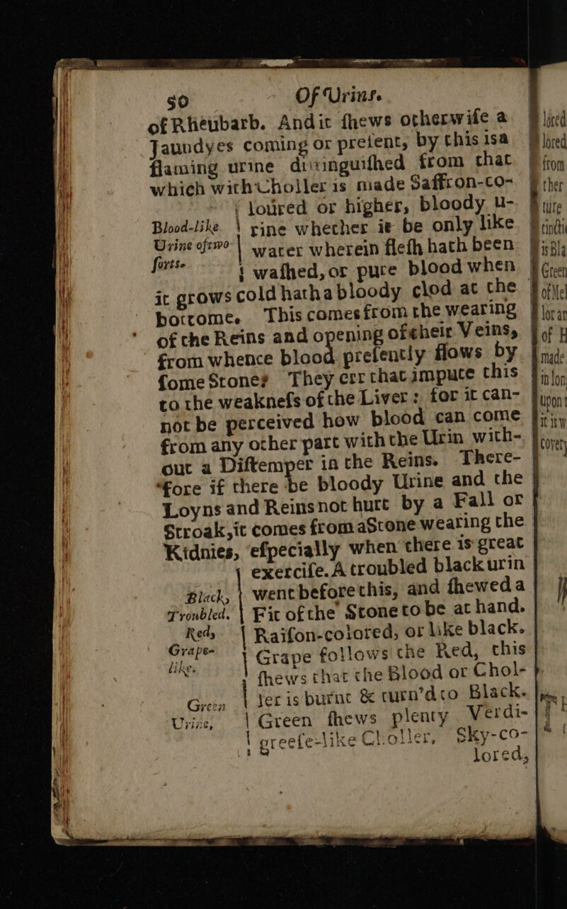 ee ee ae 50 Of Urins. of Rikeubarb. Andic fhews otherwife a Jaundyes coming or prefent, by this isa flaming urine ditinguifhed from chat which withUholler is made Saffron-co- ~ | loured or higher, bloody u- Pennies \ rine whether ie be only like ah sa | water wherein flefh hath been ‘ wafhed,or puce blood when ic grows cold hatha bloody clod at che borrome. This comesfrom the wearing of the Reins and opening ofeheir Veins, from whence blood prefently Hows by to the weaknefs of the Liver: for it can- not be perceived how blood can come from any other part withthe Urin with- “fore if there : 7! lored f tlite ' tind isbla Green ; of Me § lor a Lof § made 1B Jon upon ! ty gover} Kidnies, efpecially when there 1s great exercife.A troubled blackurin went beforethis, and fheweda Black; ) Fit ofthe Stone tobe at hand. Troubled. 26 | Grape follows the Red, chis fhews that the Blood or Chol- Gretn | fer is burnt &amp; curn’dto Black. Une, | Green fhews plenty Verdi- ao ! greefe-like Choller, Sky-co-