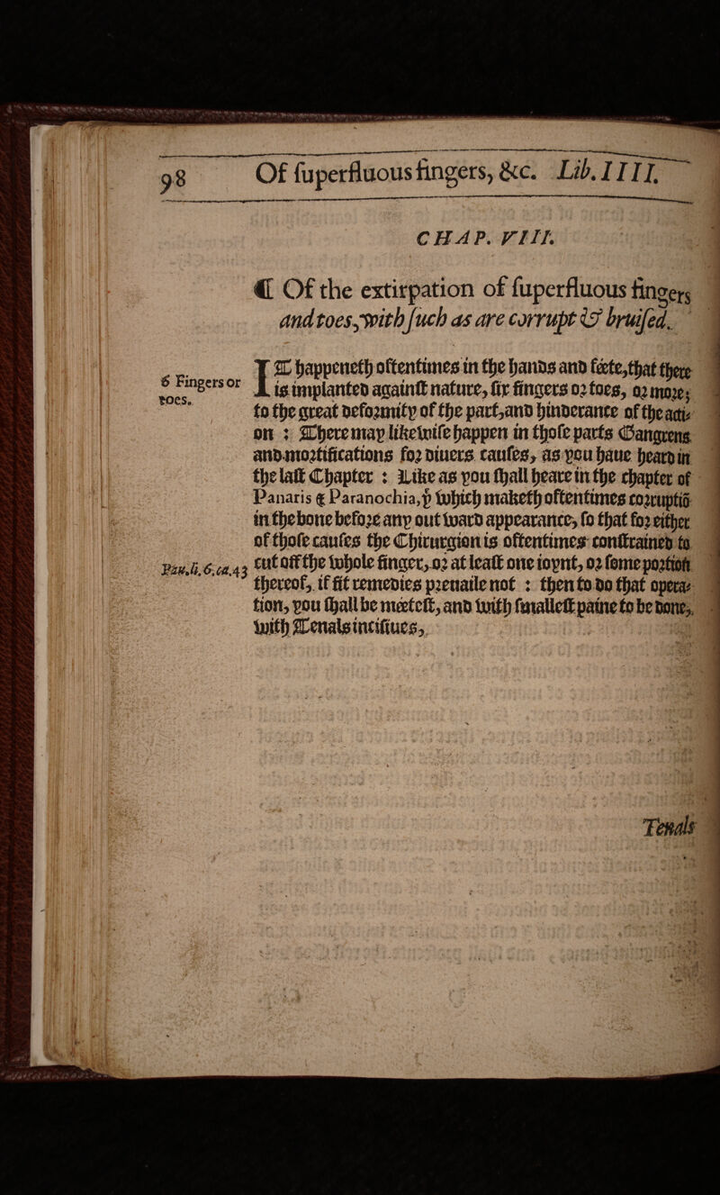              a te 98 Of fuperfluoustingers, &amp;e. Lib ITIL    CHAP. VIII. @ Of the extirpation of fuperfluous finger, and toes, with [uch as are corrupt T bruifed. z ¥ Z bappeneth oftentimes in the hands and fete, that there | Ma eh dd ig implanted again nature, fir fingers 02 toes, o2moe; 7 ee fo the great defoznuty of the parf,and hinderante of theagi. 7 on 3 Dheremay likeintle happen in thole parts Gangreng andanoztifications fo2 diuers caufes, aspouhaue hearin 7 the lait Chapter : Like as you thall heave inthe chapter of Panatis ¢ Paranochia,p which maketh oftentimes cozruptig 7 in. fhebone before any out tuard appearance, fo that fo2 either of thofecantes the Chirurain is oftentimes: conttrained fo Paw,li, 6.00.43 CULO the tobole finger, o2 at leatt one topnt, 02 fome postion thereol, if fit remedies pzenatle not : then todo that opera: fion, you hall be mieeteif, and tuith fnnallett patne fo be bone, with Denalsincifiues,, : ; - % } ” ’ 2 4 5 ° : » — S ‘ ‘ - , ; _— : ; | | | | | — eS ee a ee ee ee ee SS e—————————