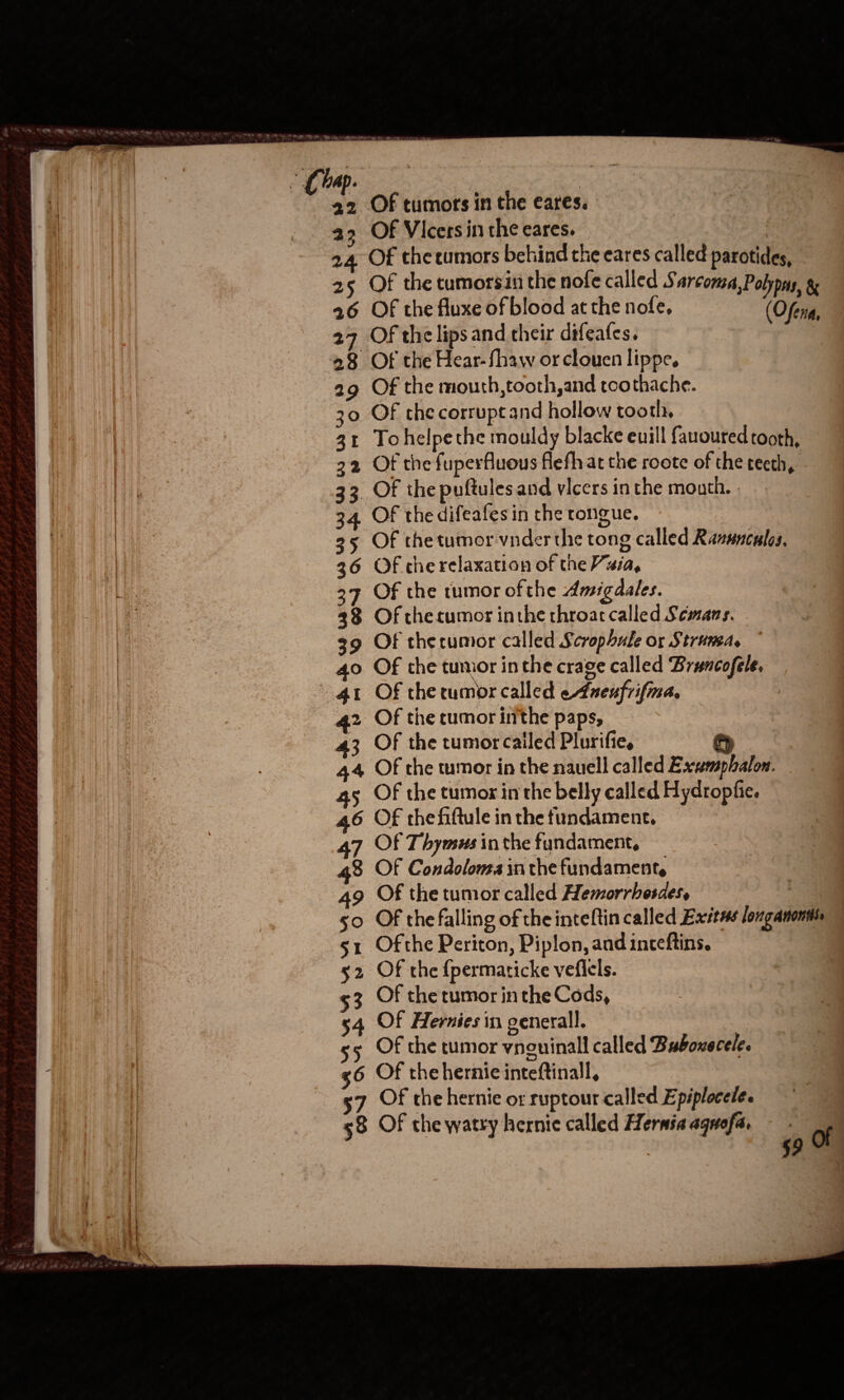      22 Of tumots in the eares. 23 Of Vicers in the cares. : f 24 Of thecumors behind the eares called parotides, 25 Of the tumorsin the nofe called Sarcoma,Polypns, g 26 Of the fluxe of blood at the nofe, (Ofena, 27 Of the lips and their difeafes. 28 Of the Hear-fhaw orclouen lippe. 29 Of the mouth,tooth,and toothache. 30 Of thecorruptand hollow tooth, gr Tohelpethe mouldy blacke euill fauoured tooth, 32 Of the fuperfluous flefhat the roote of the teeth, 33. Of the puftules and vicers inthe mouth. - 34 Of the difeafes in the tongue. 35 Of thetumor vnder the tong called Raauncules, 36 Of cherelaxation of the Via, 37 Of the tumor ofthe Amigdales. 38 Of thecumor inthe throaccalled Scmans, 39 Of thecumor called Scrophule or Struma. 40 Of the tumor inthe crage called Bruncofele, gt Of therumor called eAneufrifina, 42 Of the cumorin the paps, 43 Of the tumorcailed Plurifie, &amp;) 44 Of the tumor in the nauell called Exwmphalon. as Of the tumor in the belly called Hydropfie. 46 Of thefiftule in the fundament, : 8 Of Condoloma inthe fundament, 49 Of the tumor called Hemorrbesdes, | 50 Of thefalling of theinteftin called Exitns longanontis sx Ofthe Periton, Piplon, and inceftins. 52 Of the {permaticke vefiels. $3 Of the rumor in the Cods, 54 Of Hernies in generall. Of the tumor vneuinall called Bubouecele. 36 Of the hernie inteftinall, 37 Of the hernie or ruptour called Epiplocele. 58 Of the watry hernic called Hernia aquofa, 