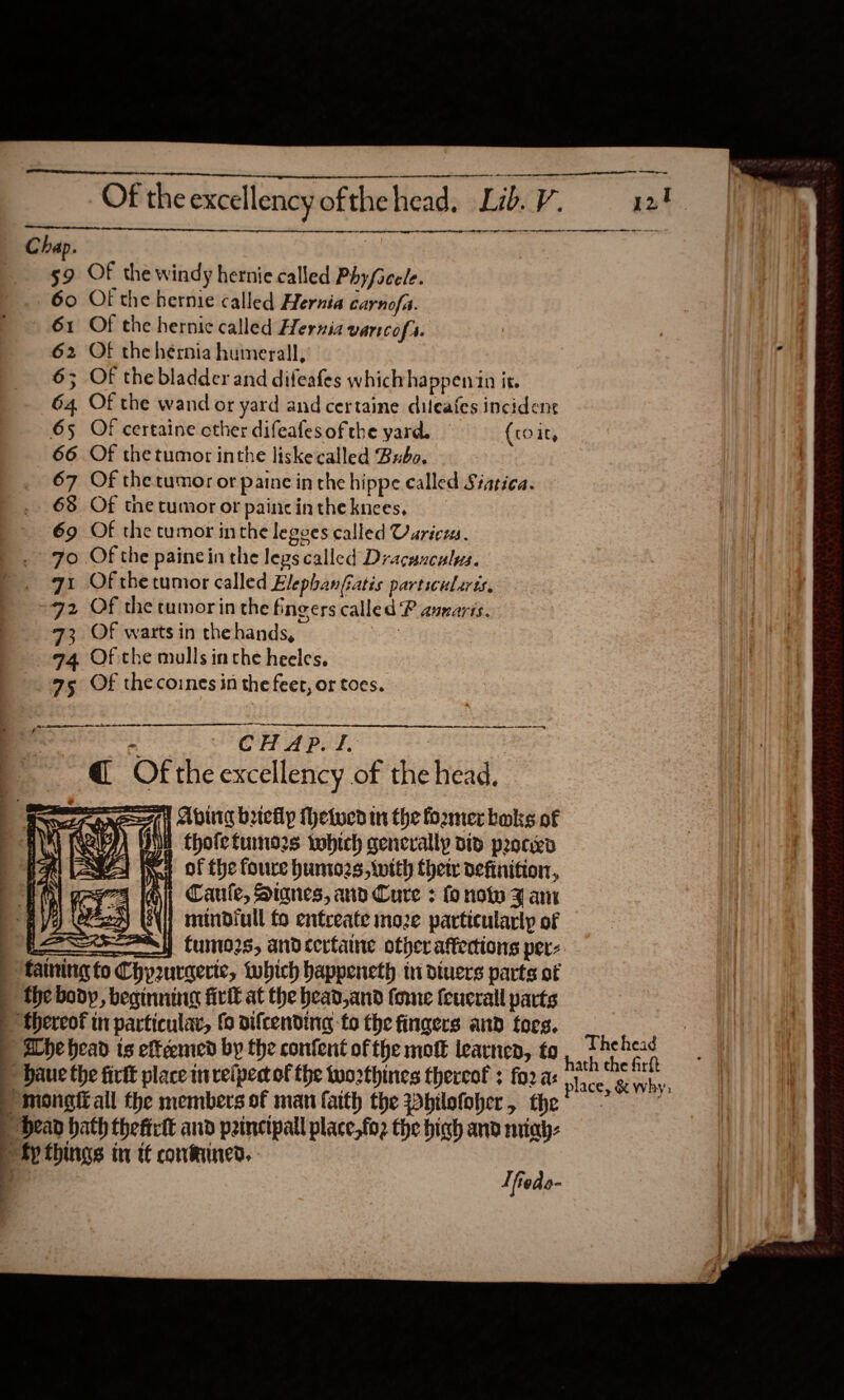  Of the excellency ofthe head. Lib. Vy.   59 Of the windy hernie called Phy/scele. 60 Of the hermie called Hernia carnofa. — 61 Of the hernic called Hernia waricofs. 62 Of thehernia humerall, 6; Of the bladder and difeafes whichhappenin it. 64, Of the wand or yard and certaine dileafes incident 65 Of certaine ether difeafesofthe yard. — {co it, 66 Of thetumor inthe liske called Budo. 67 Of thetumor or paine in the hippe called Siatica. 68 Of thetumororpaincintheknees, 69 Of the tumor inthe legves called Uariczs. 7o Of the painein the legs called Dracuxcalus. qi Ofthetumor called Elephanfratis partscularis, 72 Of the tumor in the fingers called P auvaris. 73 Of warts in thehands, : 974 Of the mulls inche heeles. 95 Of thecoines in the feet, or toes.  i CHAP. I. i @ Ofthe excellency of the head. ( Apurg briefly MHhetued tn the foxmerboks of Mid thofetumnoezs which generally did procwed tet of the foure huniozs, iwtth thet definition, ER pera Gy Caule, Signes, ard Cure ; fo nowy J amr } YN WY mindiull fo entreate moze particularly of fee Deore te SS : ee ee ee r - pe  fainting fo Chy2uraerte, twhich bappenceth in dtuers parts of the body, beginning fill at the bead,and tome feucrall parts “thereof tn particular, fo difcending to the fingers and foes. ache head ts efteemed by the confent of the mot learnen, fo haue the firtt place mrelped of the tuo2thines thereof ; fo2 a: Smongiall the members of man faith the pbhilofoher, the | Head hath thefictt and paincipall place,foz the high and niah- &gt; fp things in tt contained. | I hede-    The head hath che firft place, &amp; why: